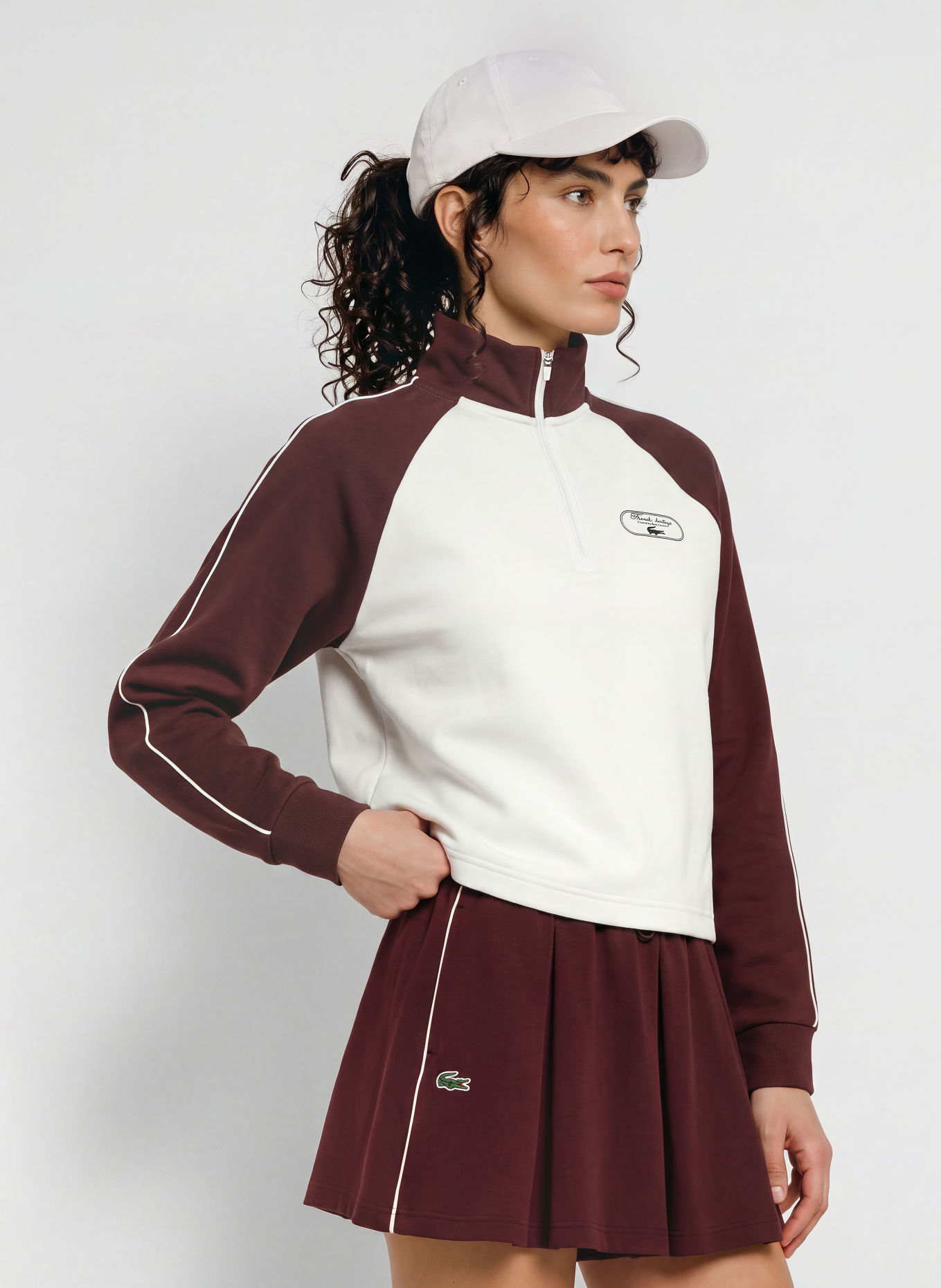 LACOSTE Pull col zippé en piqué: ROUGE FONCÉ / CRÈME
