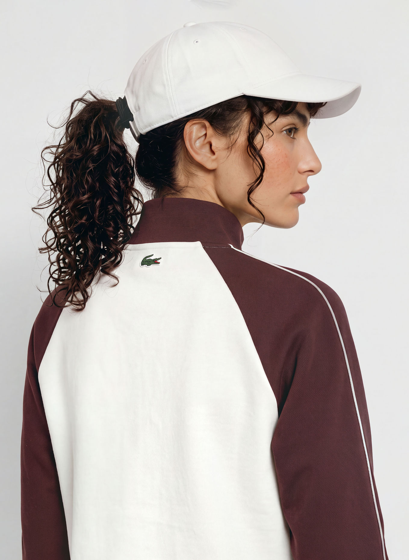 LACOSTE Pull col zippé en piqué: ROUGE FONCÉ / CRÈME