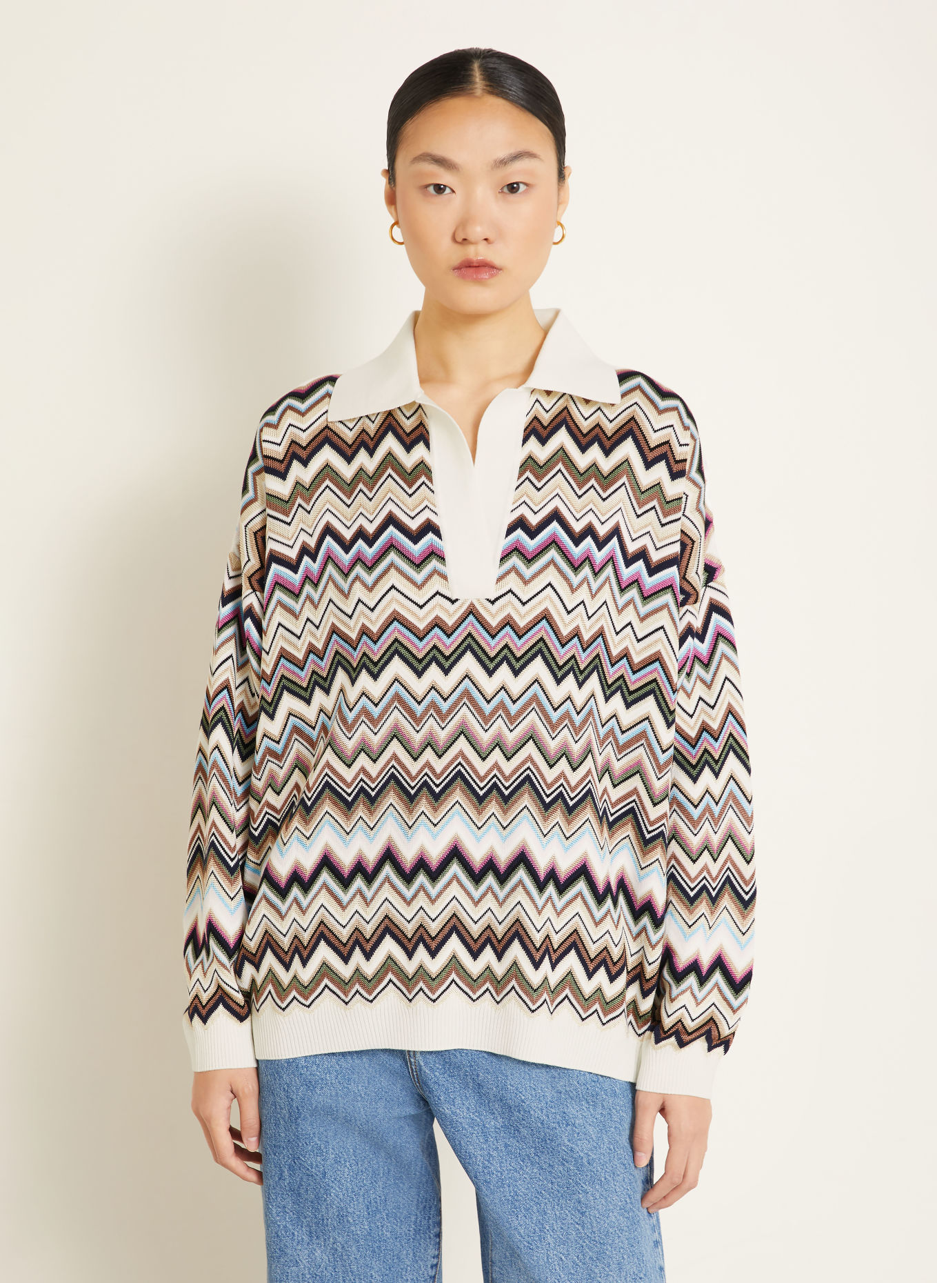MISSONI Oversized-Poloshirt: CREME / PINK / HELLBLAU