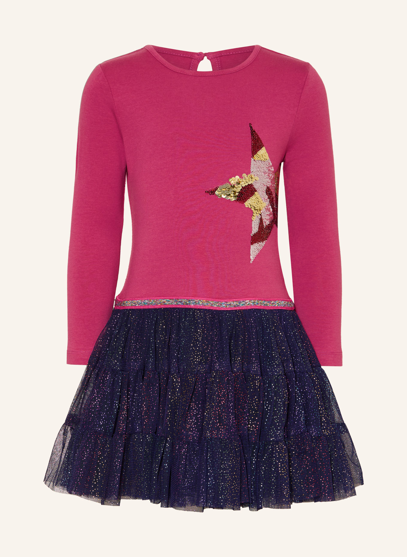 DANAMADE Robe en mélange de matières, avec des paillettes et des volants: FUCHSIA / OR / BLEU FONCÉ