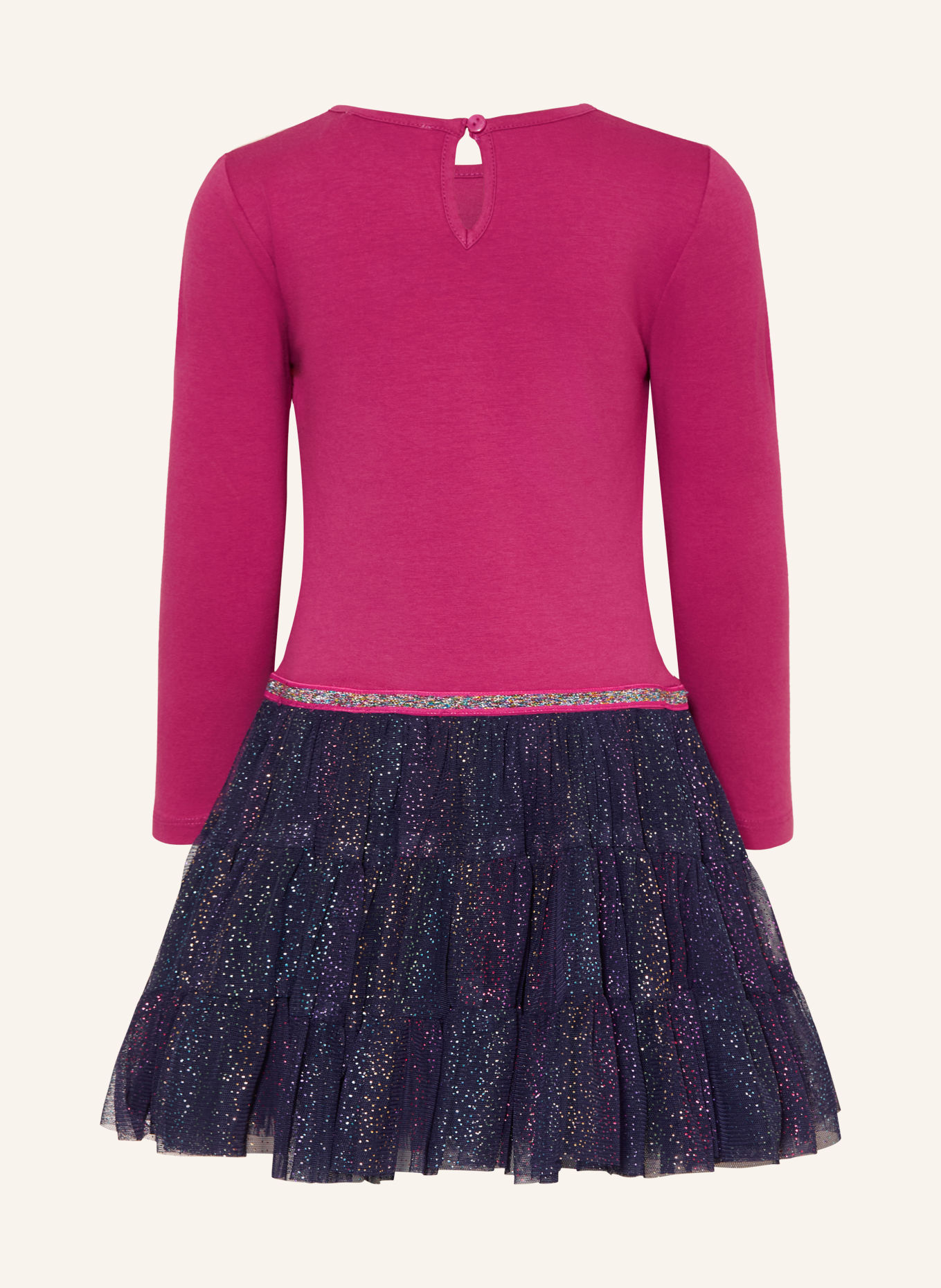 DANAMADE Robe en mélange de matières, avec des paillettes et des volants: FUCHSIA / OR / BLEU FONCÉ