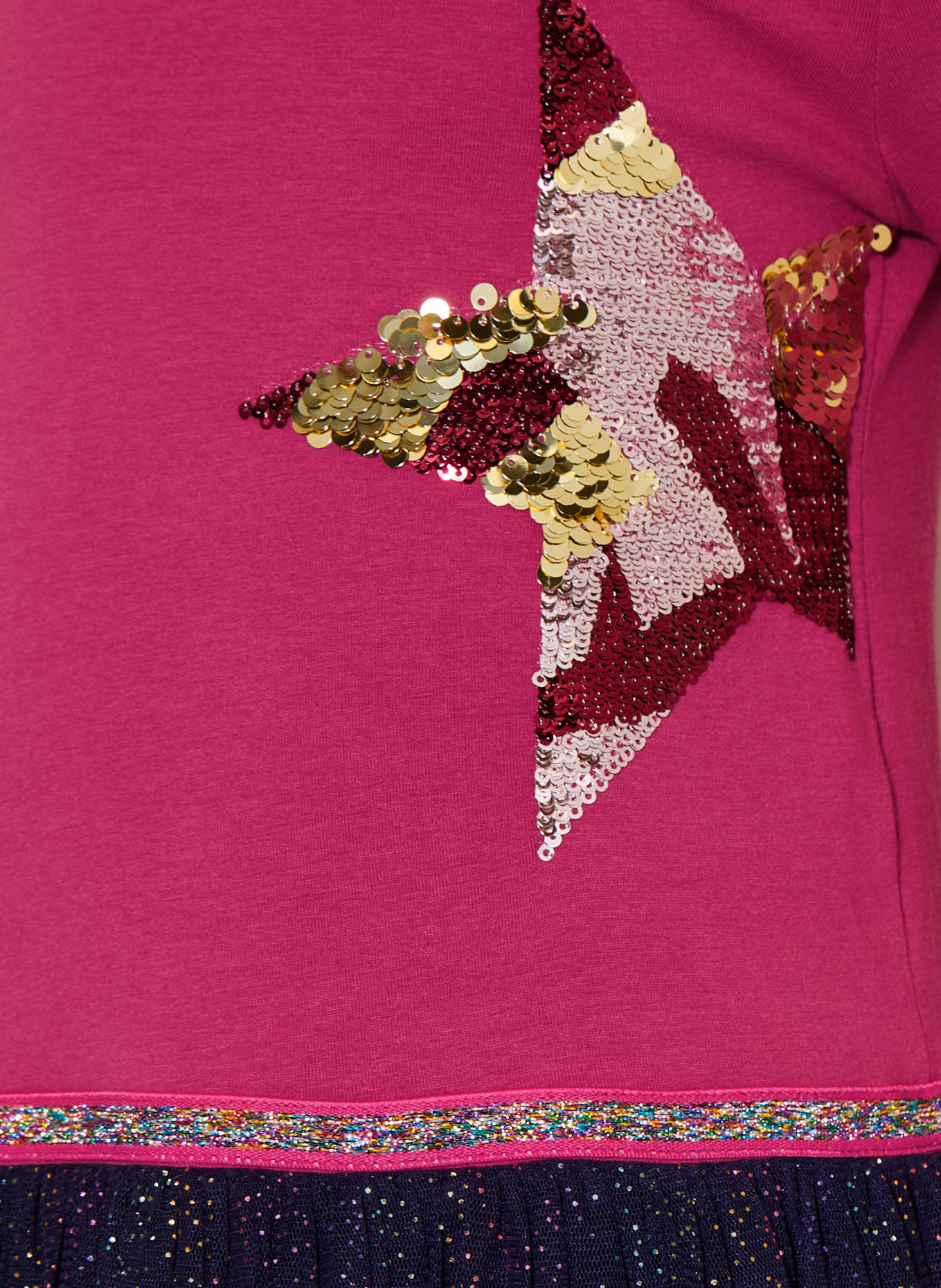 DANAMADE Robe en mélange de matières, avec des paillettes et des volants: FUCHSIA / OR / BLEU FONCÉ