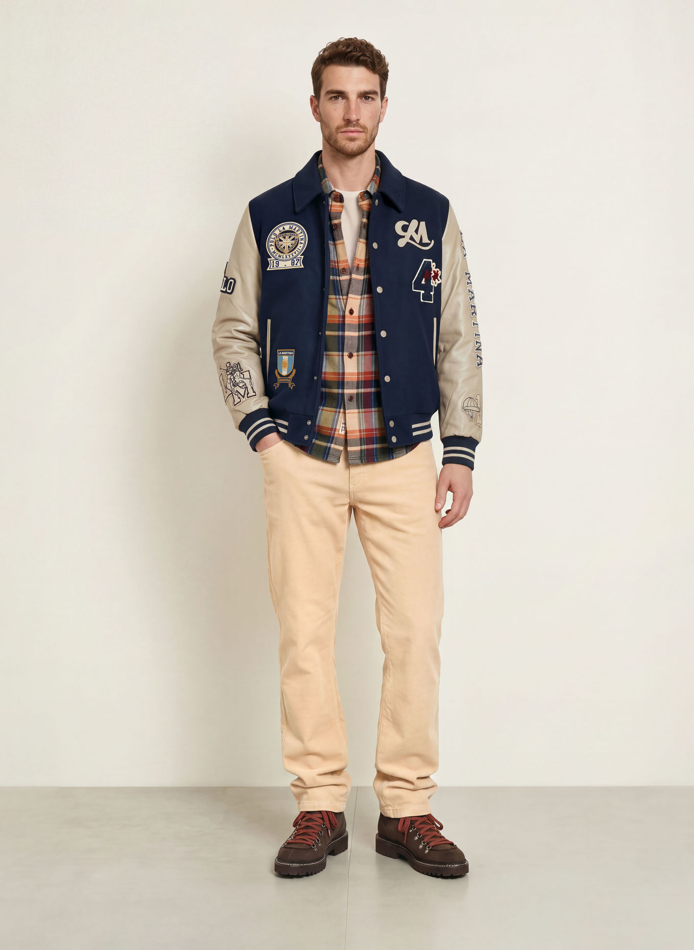 LA MARTINA College-Jacke im Materialmix: DUNKELBLAU / HELLBRAUN / DUNKELROT