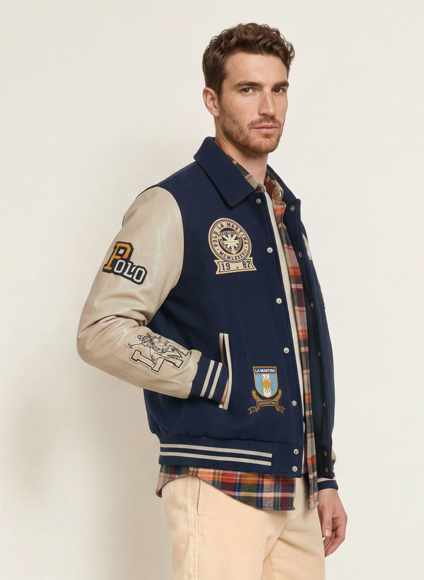 LA MARTINA College-Jacke im Materialmix: DUNKELBLAU / HELLBRAUN / DUNKELROT