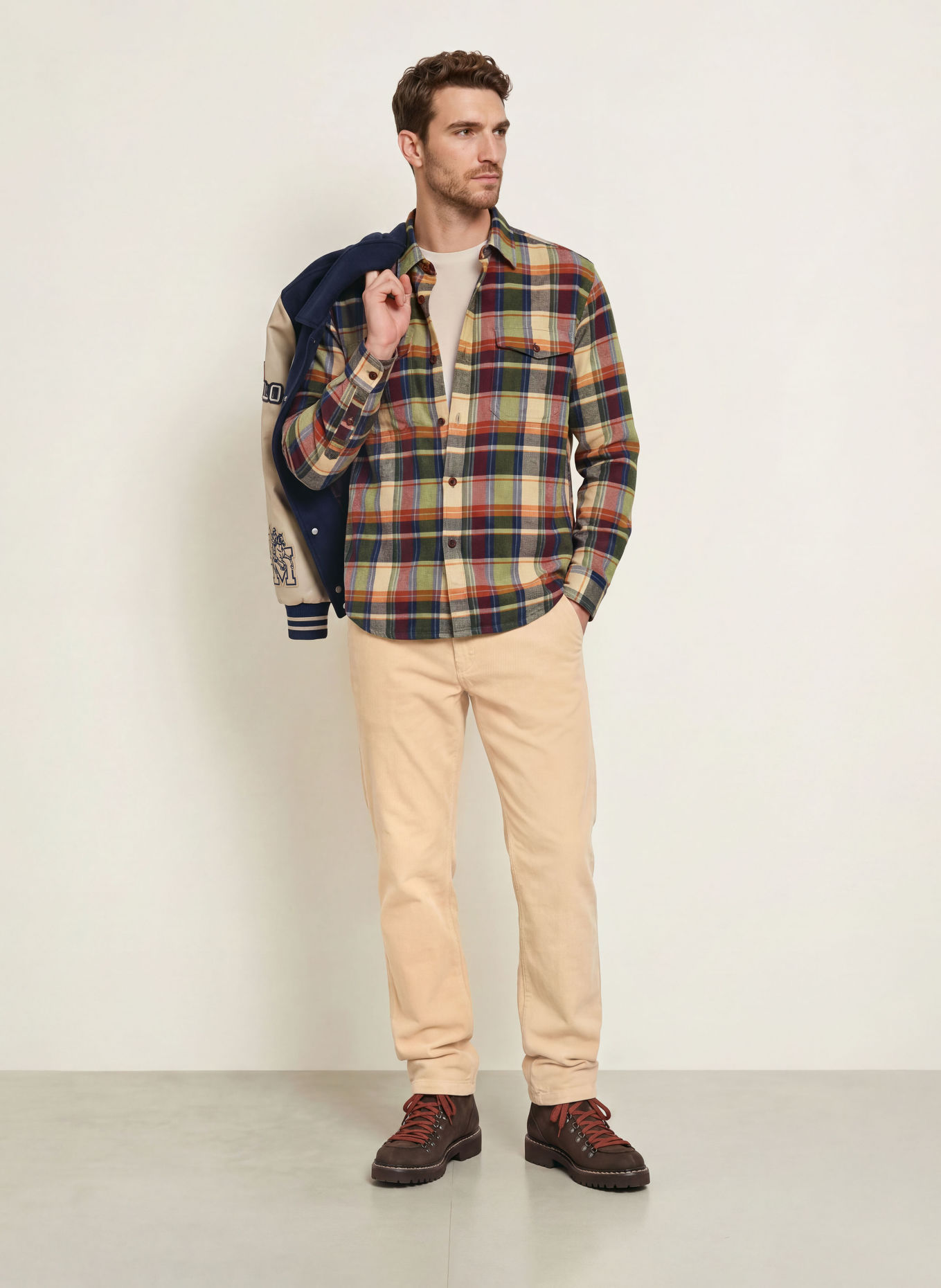 LA MARTINA Comfort Fit Flannel Shirt: BEIGE / DARK RED / DARK BLUE
