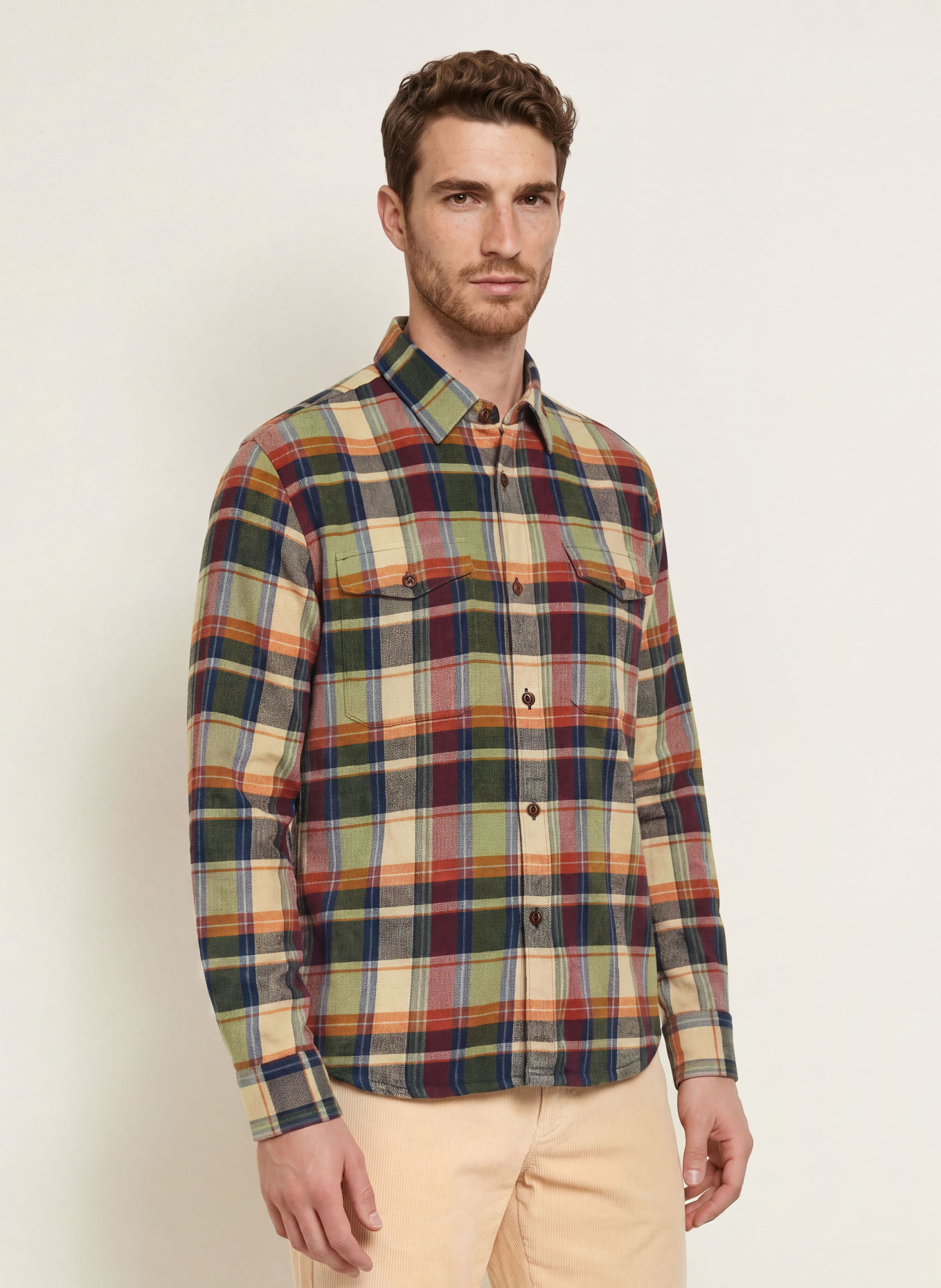 LA MARTINA Comfort Fit Flannel Shirt: BEIGE / DARK RED / DARK BLUE