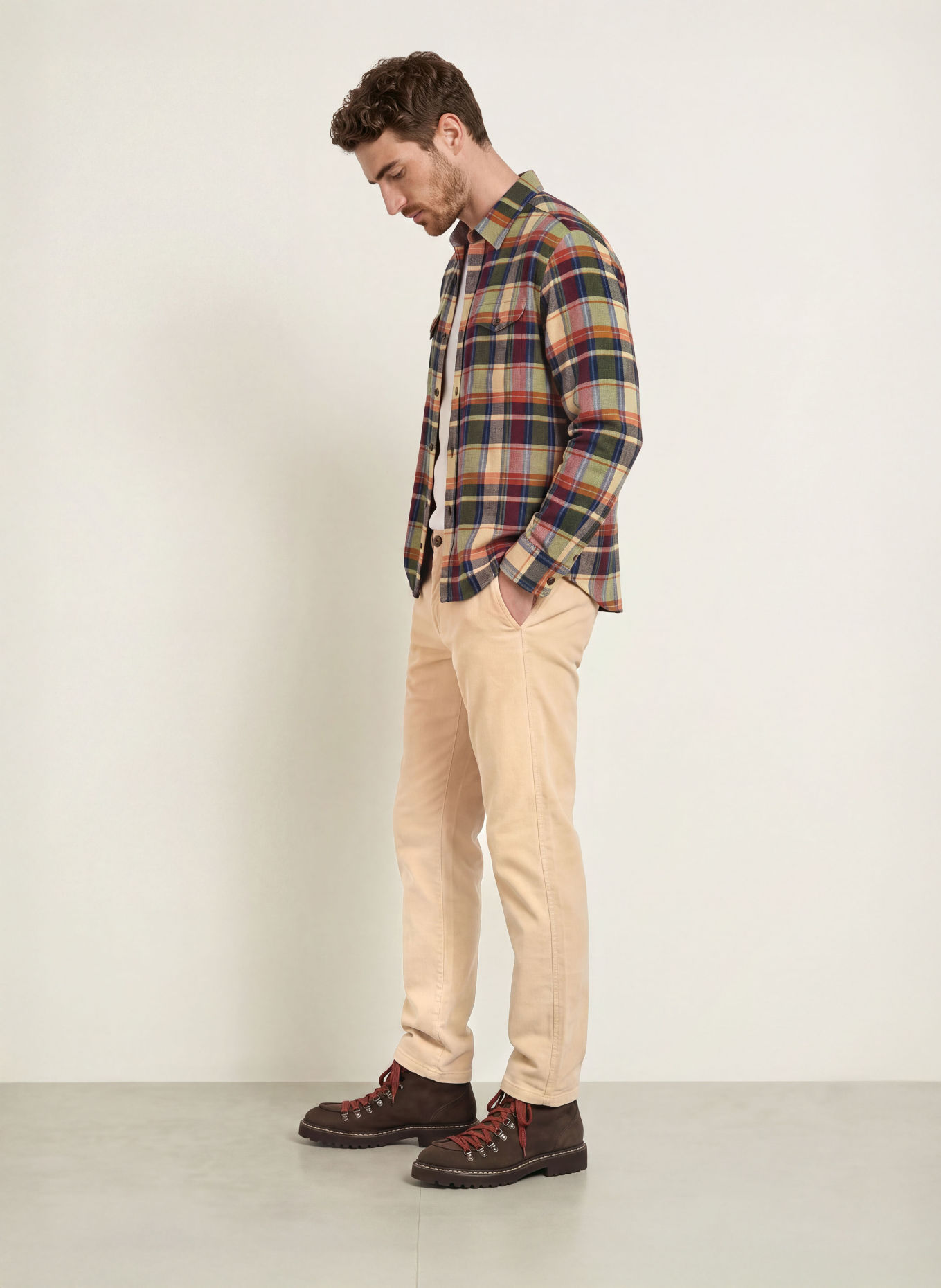 LA MARTINA Comfort Fit Flannel Shirt: BEIGE / DARK RED / DARK BLUE