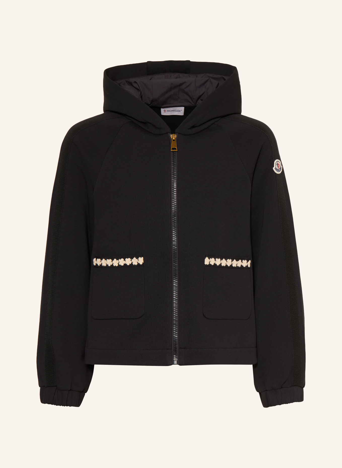 MONCLER enfant Sweatjacke mit Galonstreifen: SCHWARZ / CREME