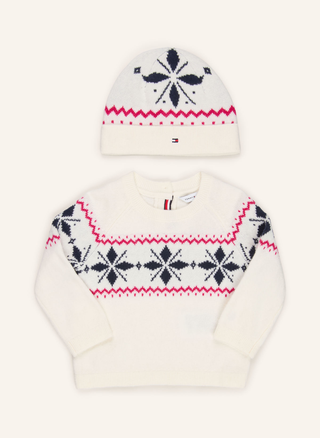 TOMMY HILFIGER Ensemble : Bonnet et Pull: BLANC / FUCHSIA / BLEU FONCÉ