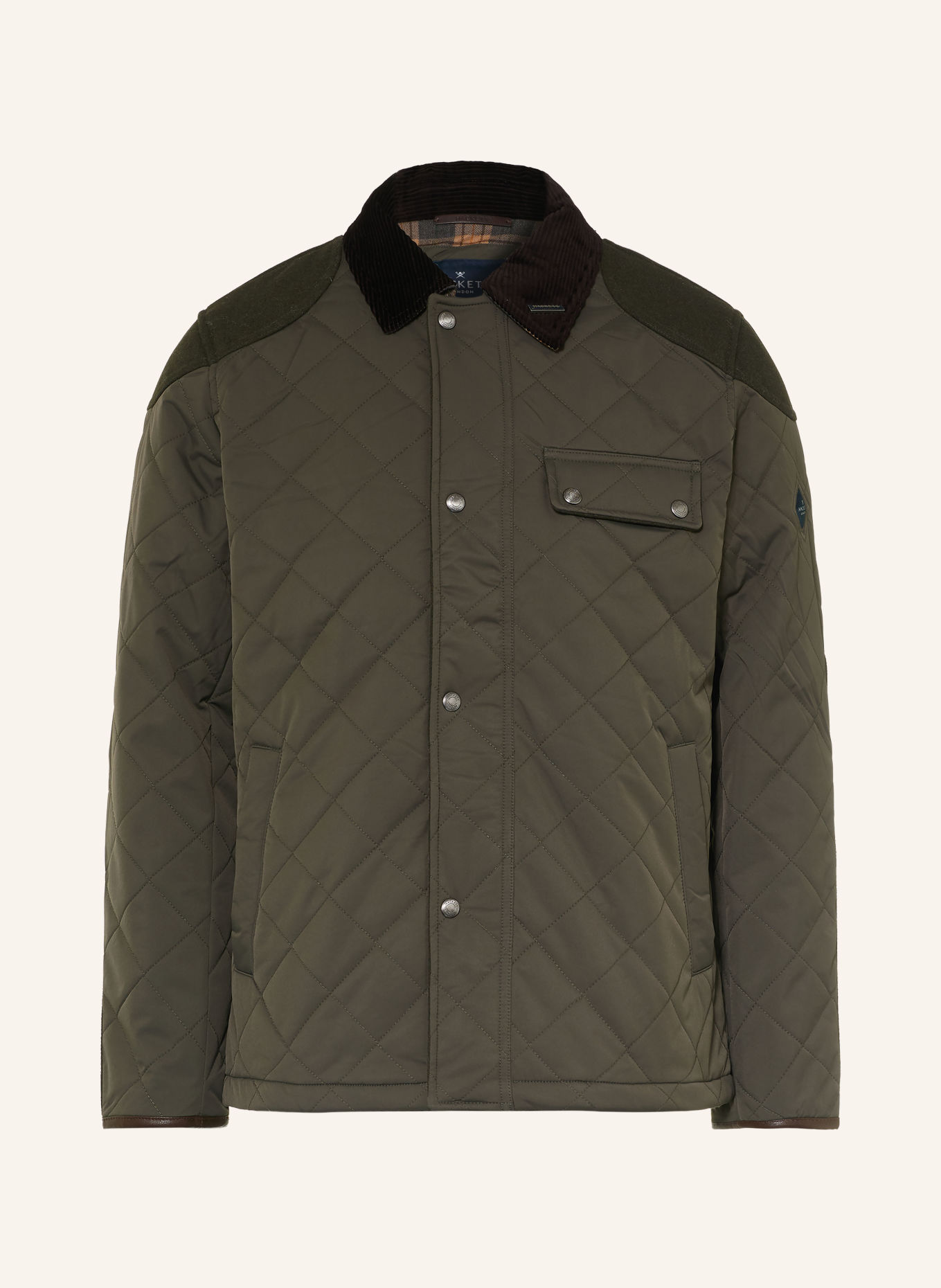 HACKETT LONDON KINLOCH Quilted Jacket: OLIVE / DARK BROWN