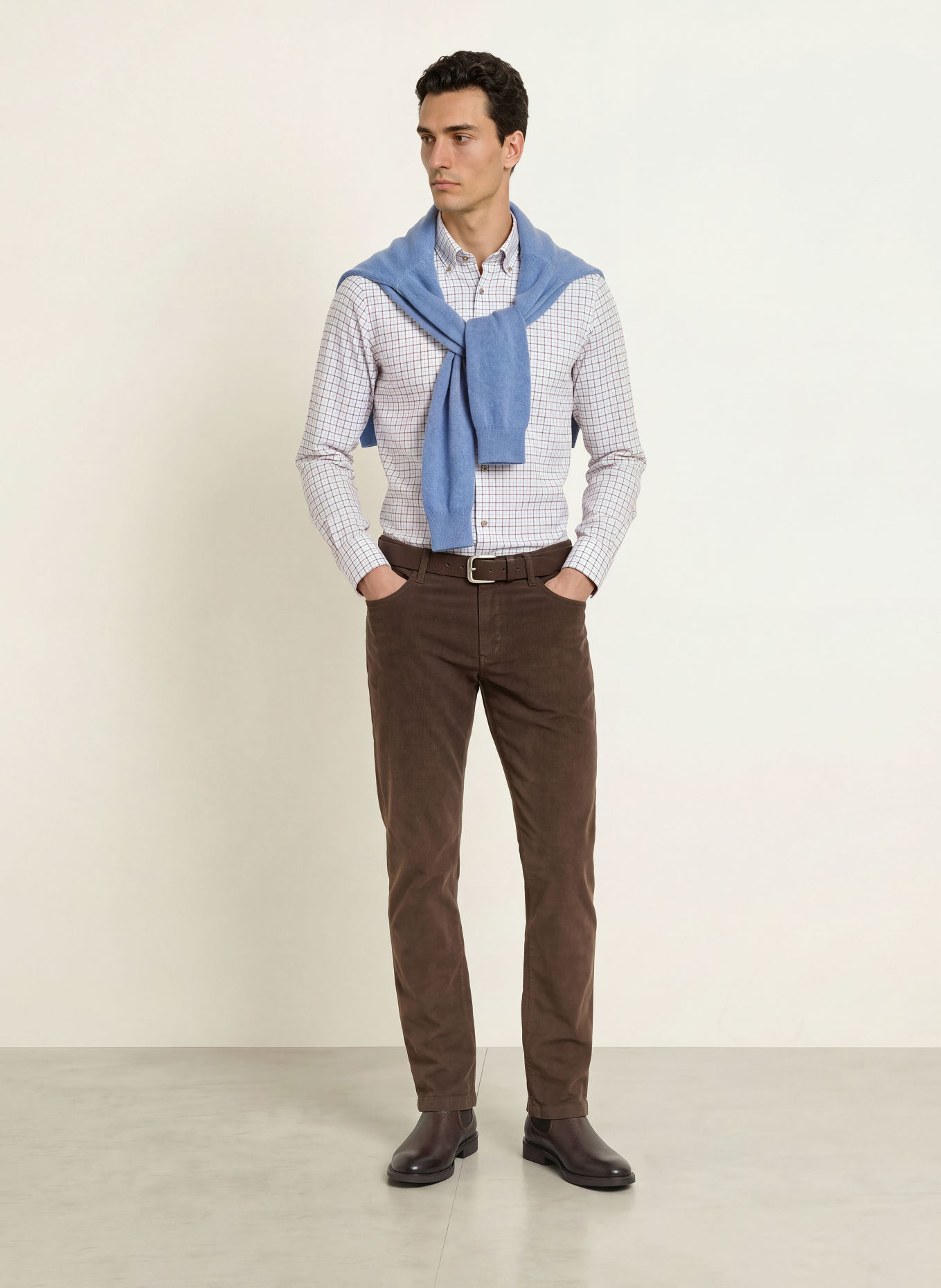 HACKETT LONDON Flanellen overhemd Tailored Fit: WIT / MARRON FONCÉ / LICHTBLAUW