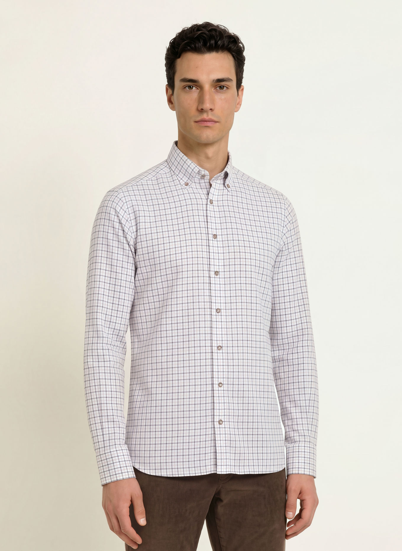 HACKETT LONDON Flanellen overhemd Tailored Fit: WIT / MARRON FONCÉ / LICHTBLAUW