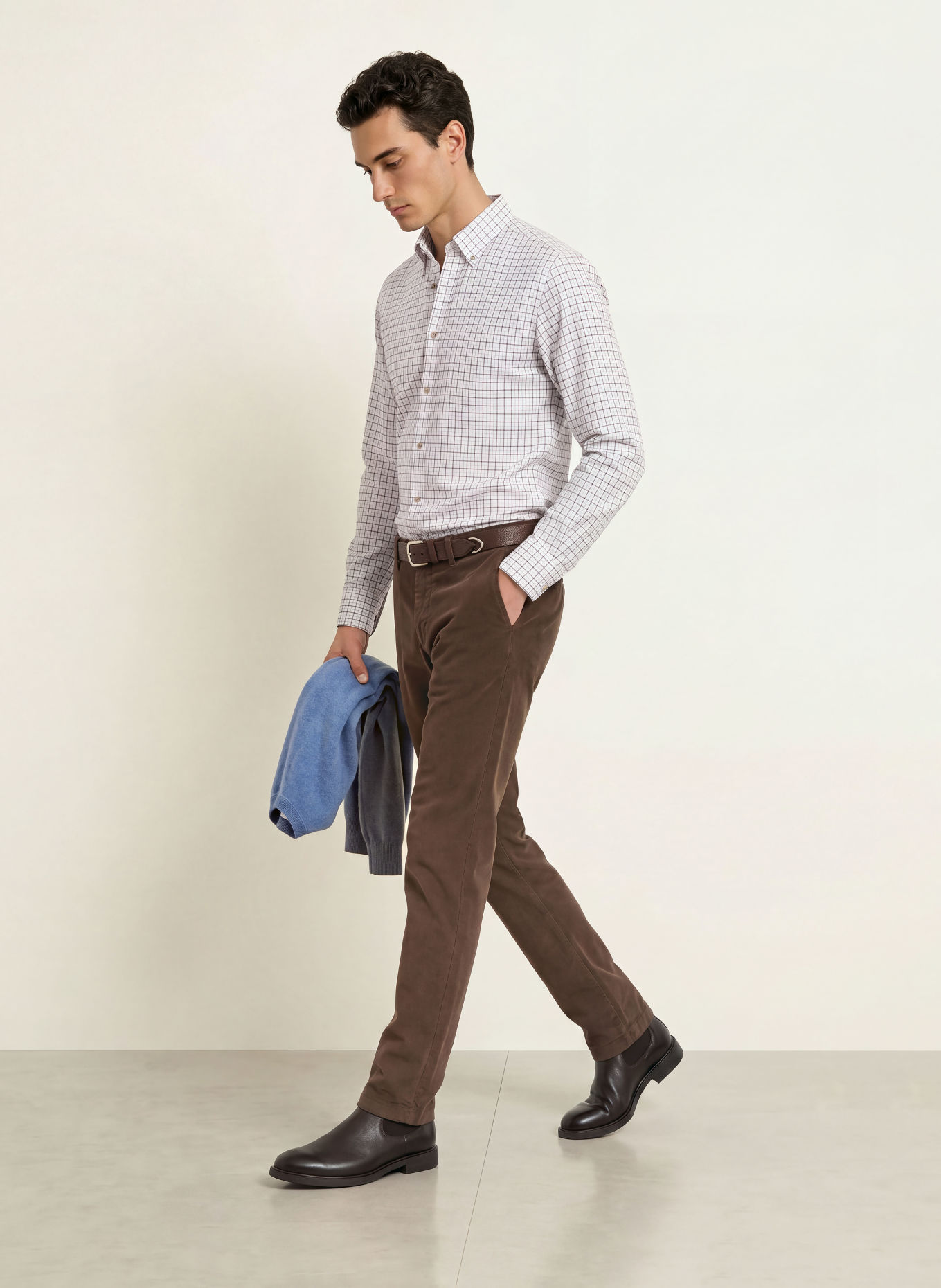 HACKETT LONDON Flanellen overhemd Tailored Fit: WIT / MARRON FONCÉ / LICHTBLAUW