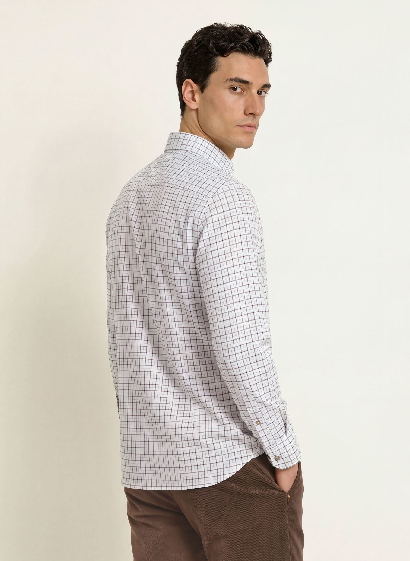 HACKETT LONDON Flanellen overhemd Tailored Fit: WIT / MARRON FONCÉ / LICHTBLAUW