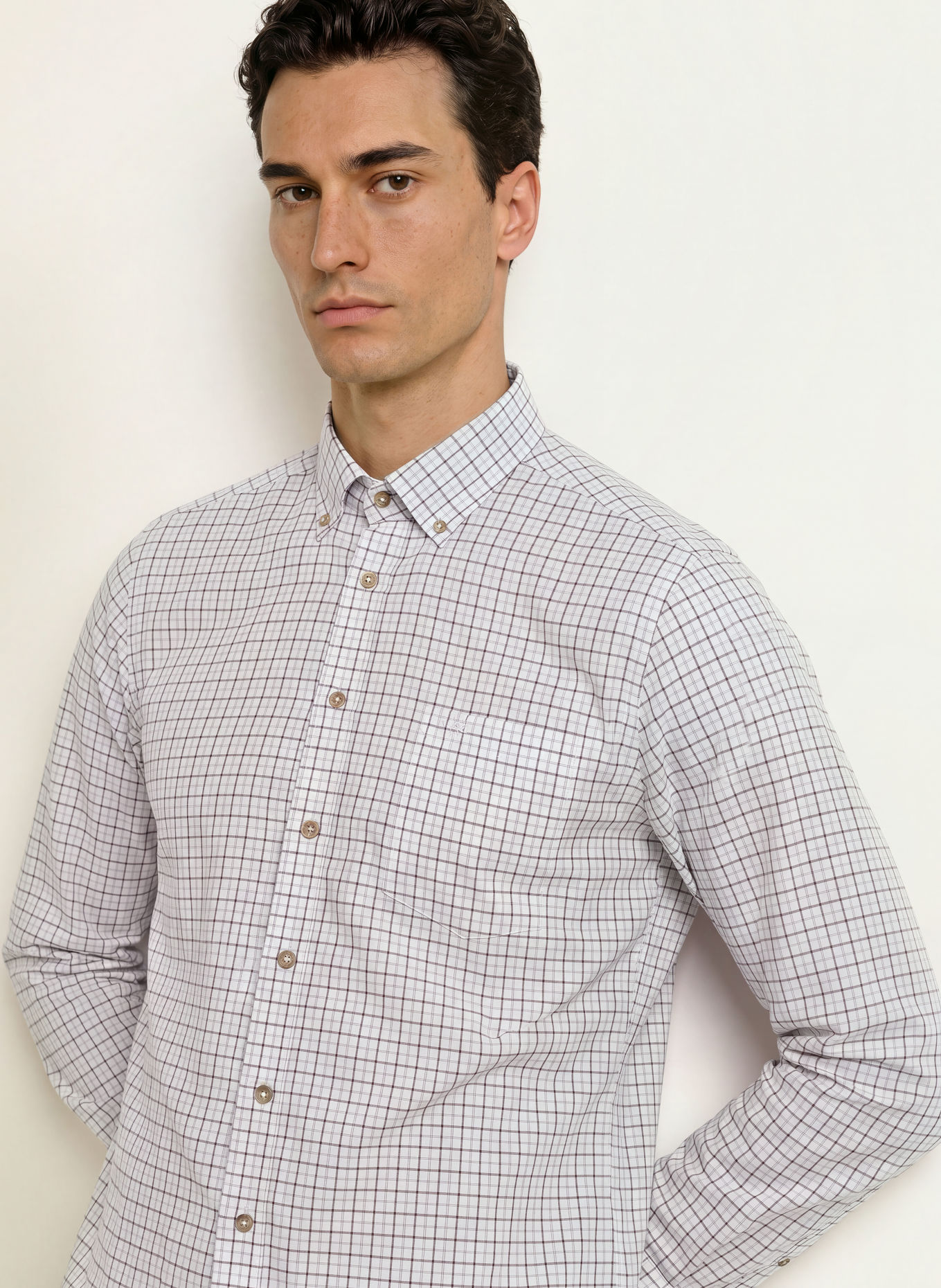 HACKETT LONDON Flanellen overhemd Tailored Fit: WIT / MARRON FONCÉ / LICHTBLAUW