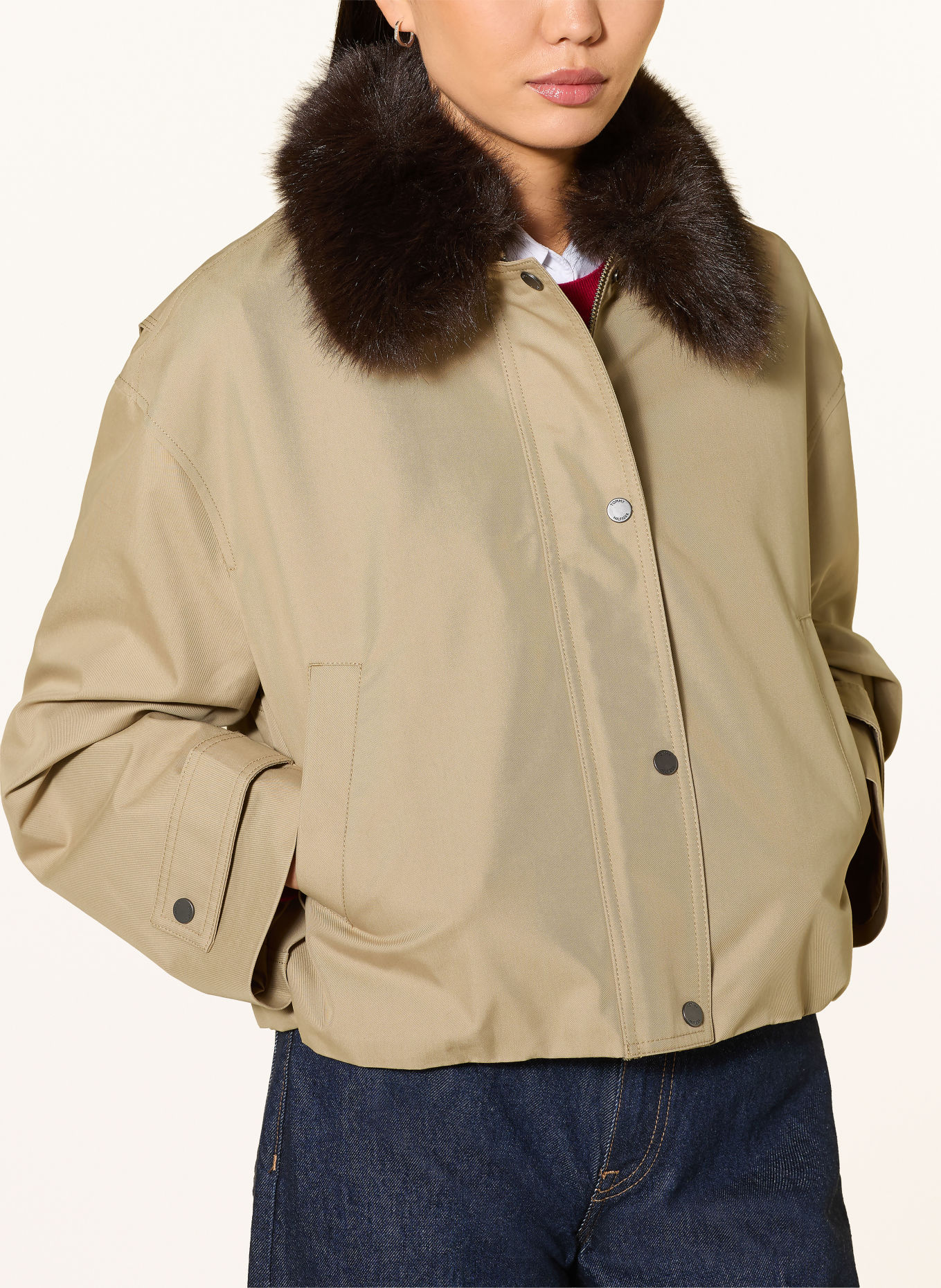 TOMMY HILFIGER Jacke mit abnehmbarem Kunstfell-Kragen: BEIGE / DUNKELBRAUN
