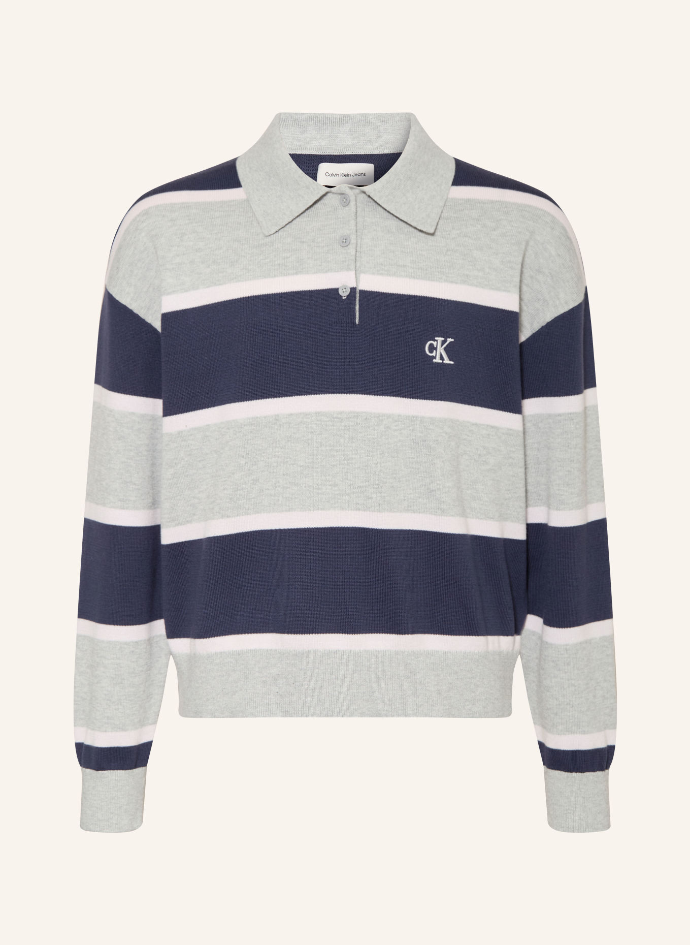 Calvin Klein Strick-Poloshirt: GRAU / DUNKELBLAU / WEISS