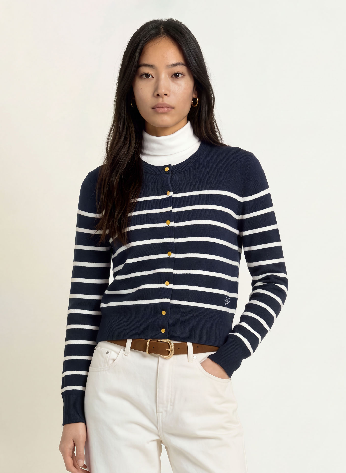 TOMMY HILFIGER Strickjacke: DUNKELBLAU / GOLD / WEISS