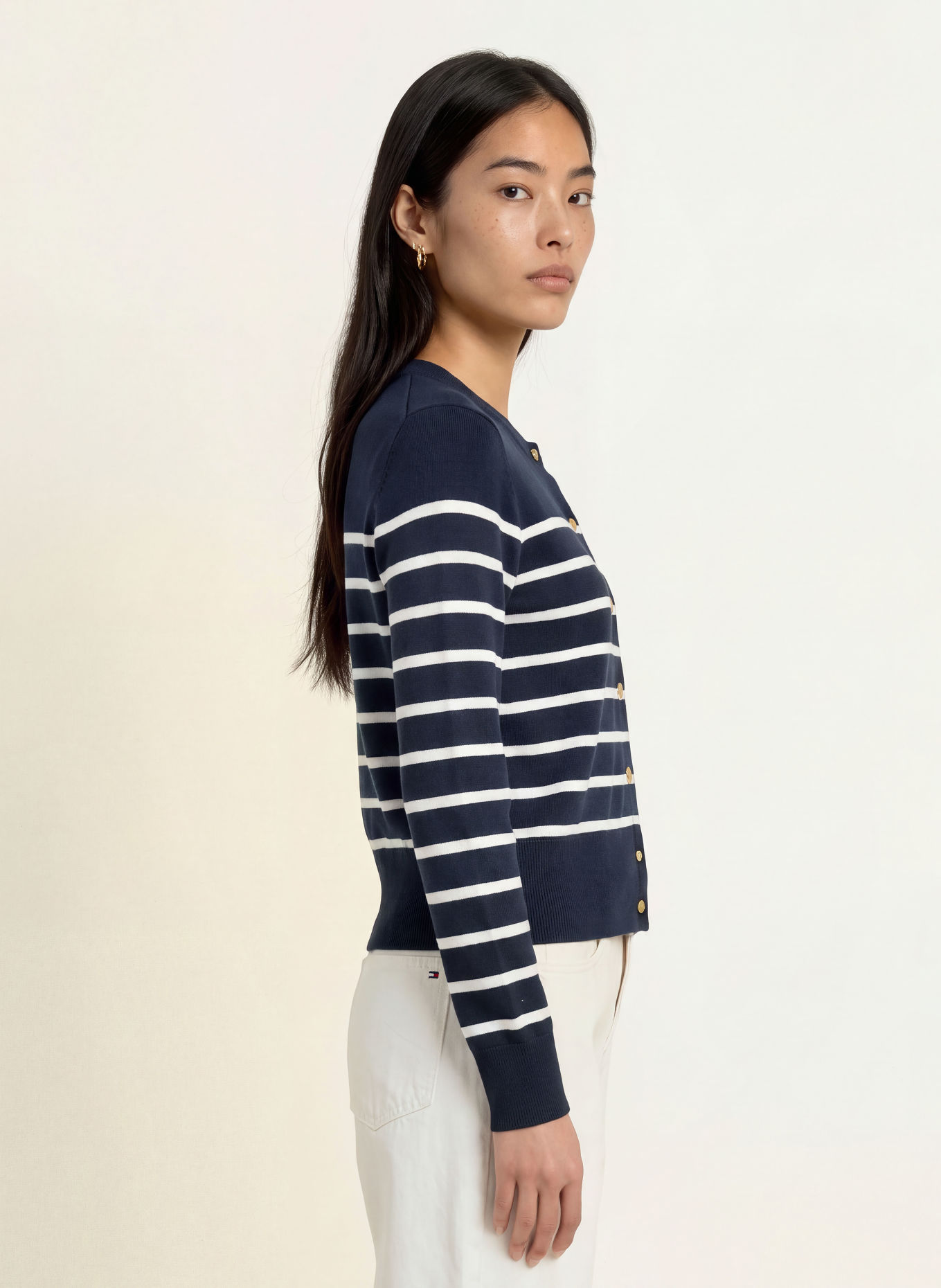 TOMMY HILFIGER Strickjacke: DUNKELBLAU / GOLD / WEISS