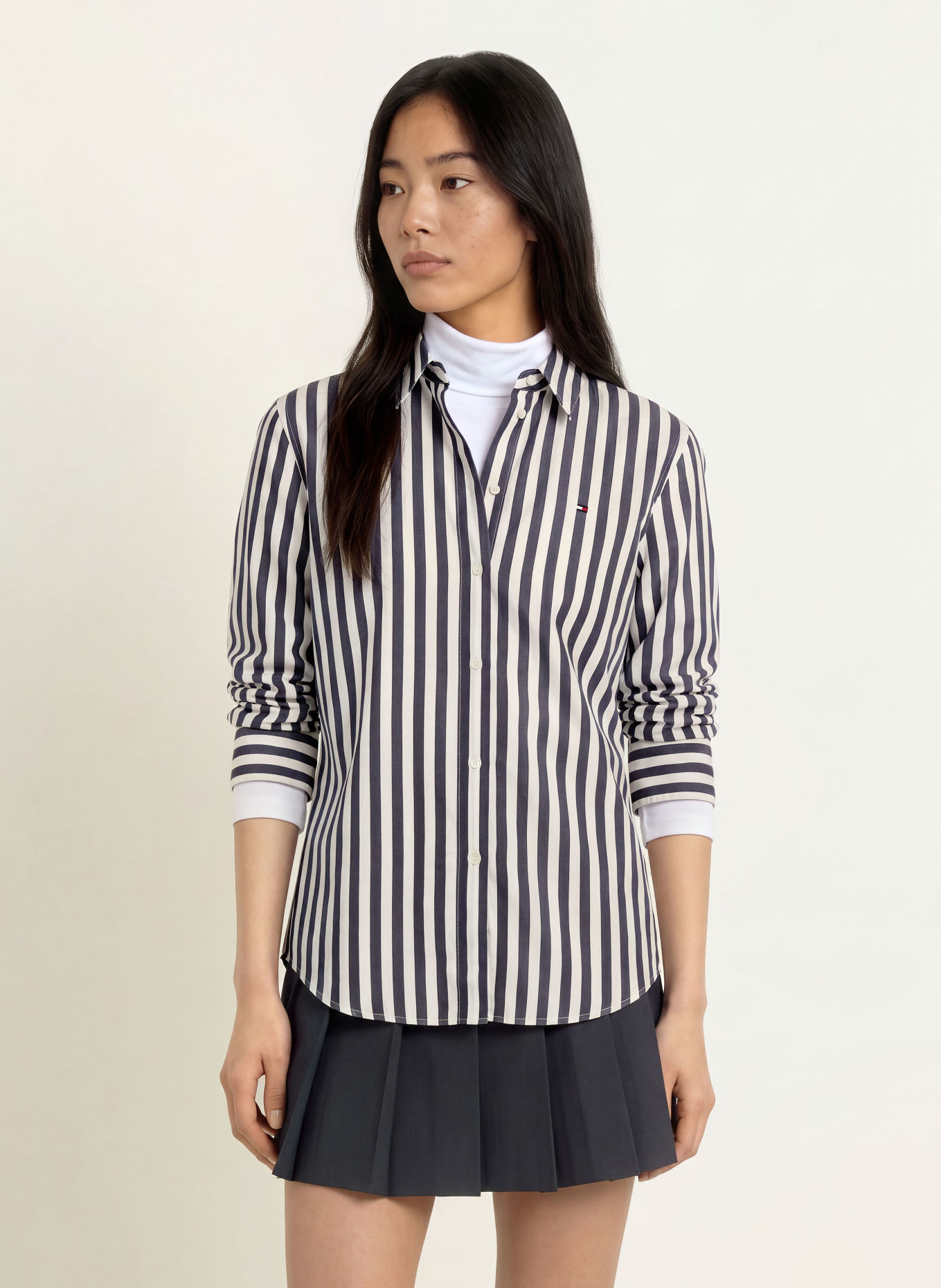 TOMMY HILFIGER Hemdbluse: DUNKELBLAU / ECRU