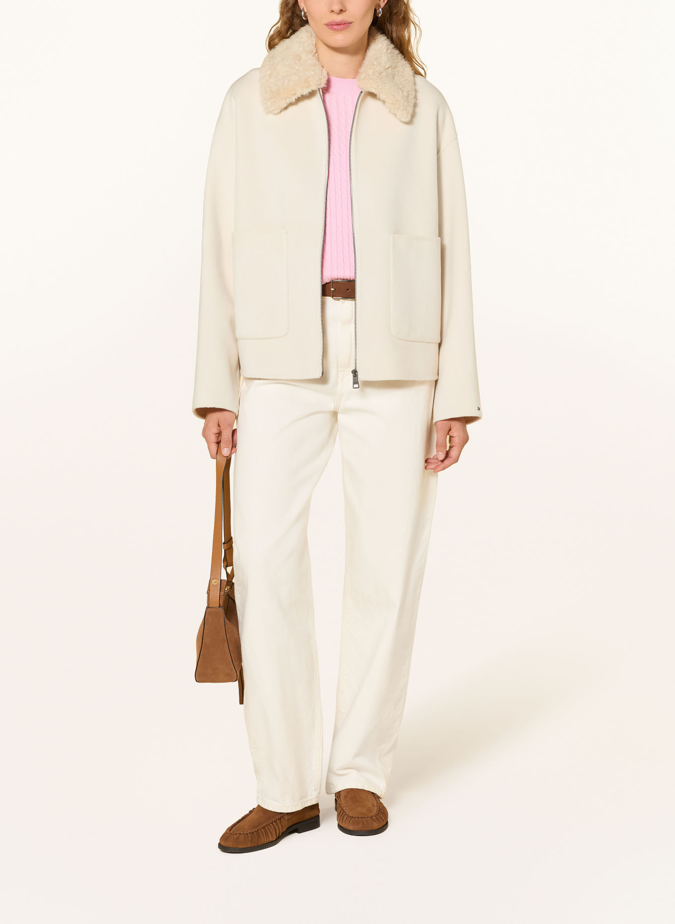 TOMMY HILFIGER Boxy jacket with a detachable faux fur collar: CREAM