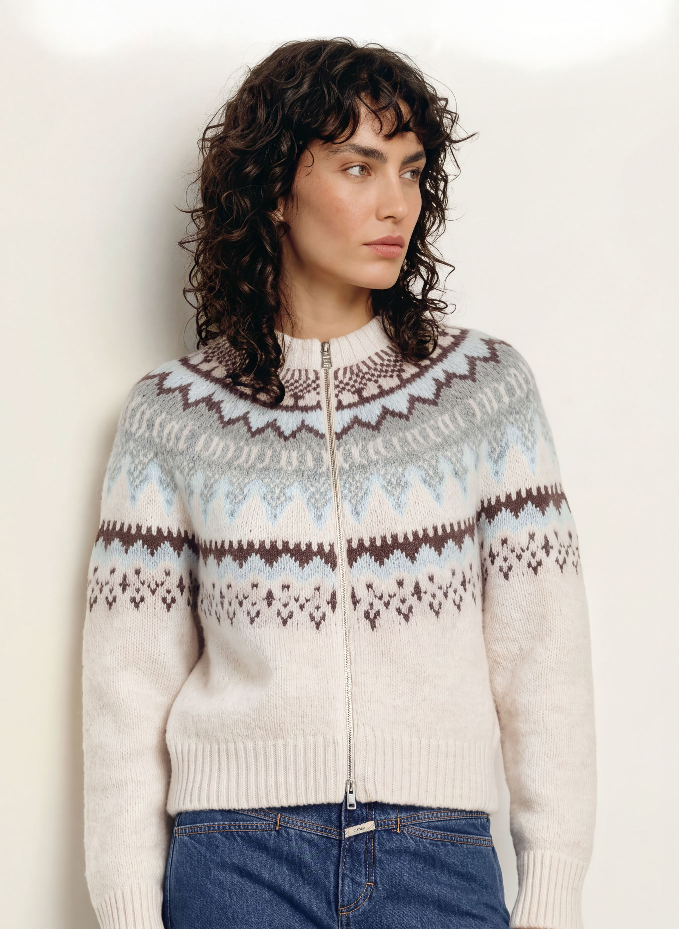 CLOSED Strickjacke: CREME / DUNKELBRAUN / GRAU