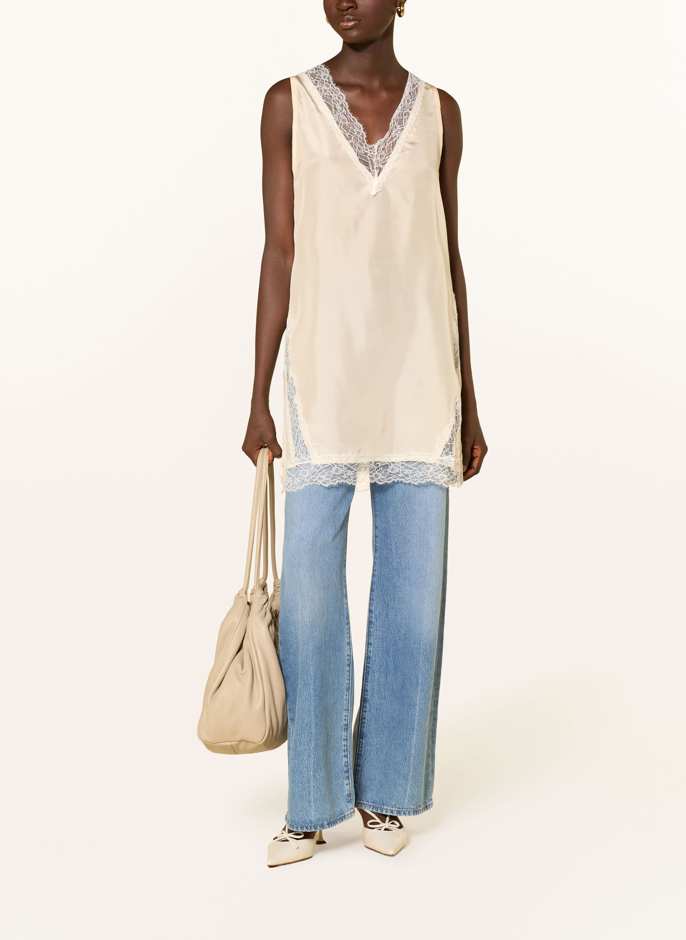 MARELLA MLSCOSTONE-blusetop i silke med blonder: CREME / HVID