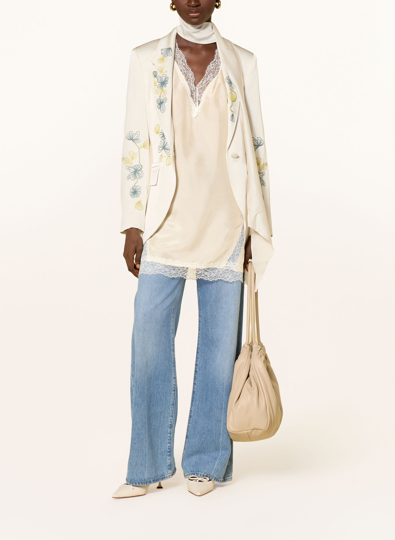 MARELLA MLSCOSTONE-blusetop i silke med blonder: CREME / HVID