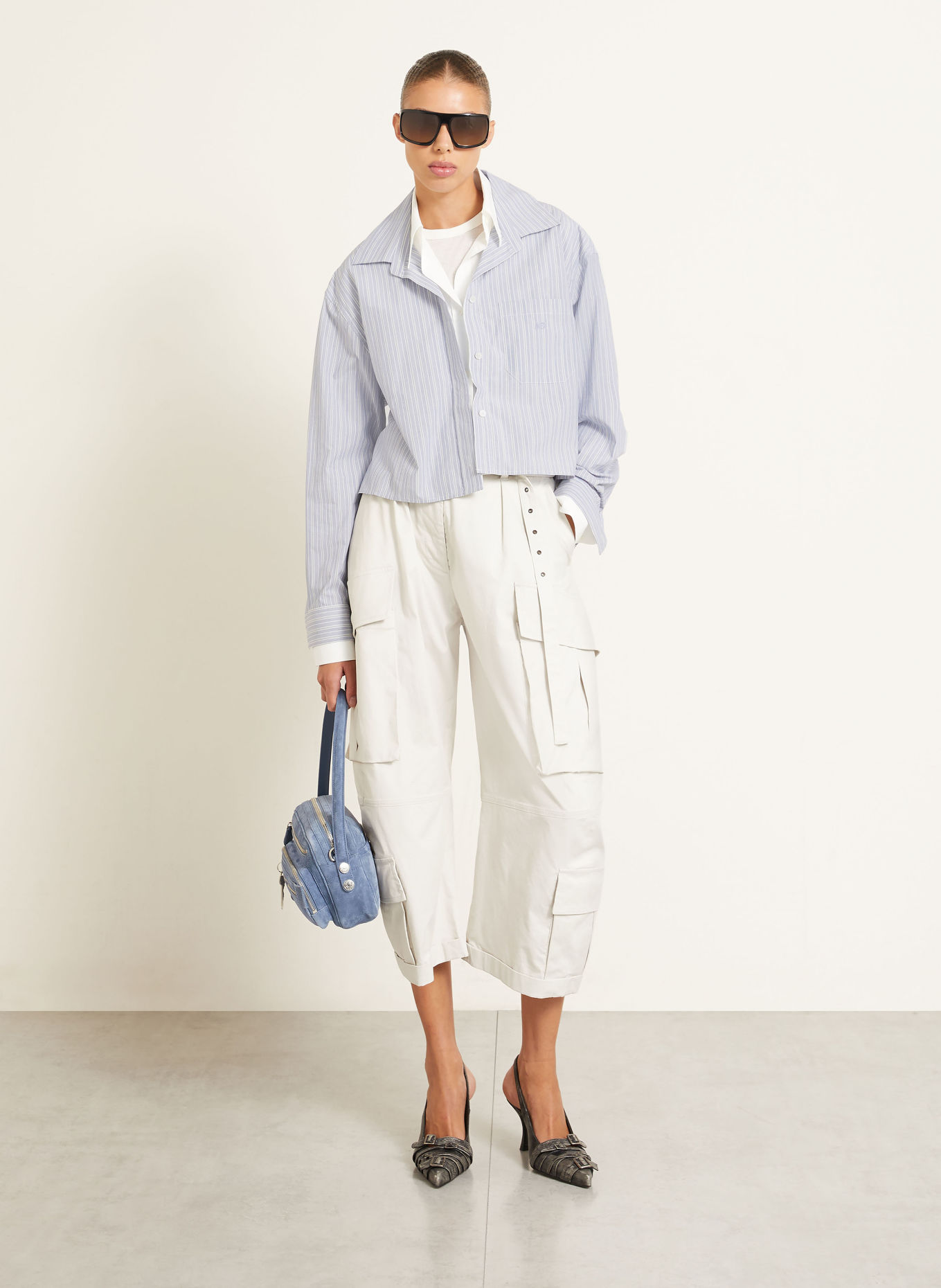 Acne Studios Overhemdblouse van gemengde stoffen: LICHTBLAUW / GRIJS / WIT