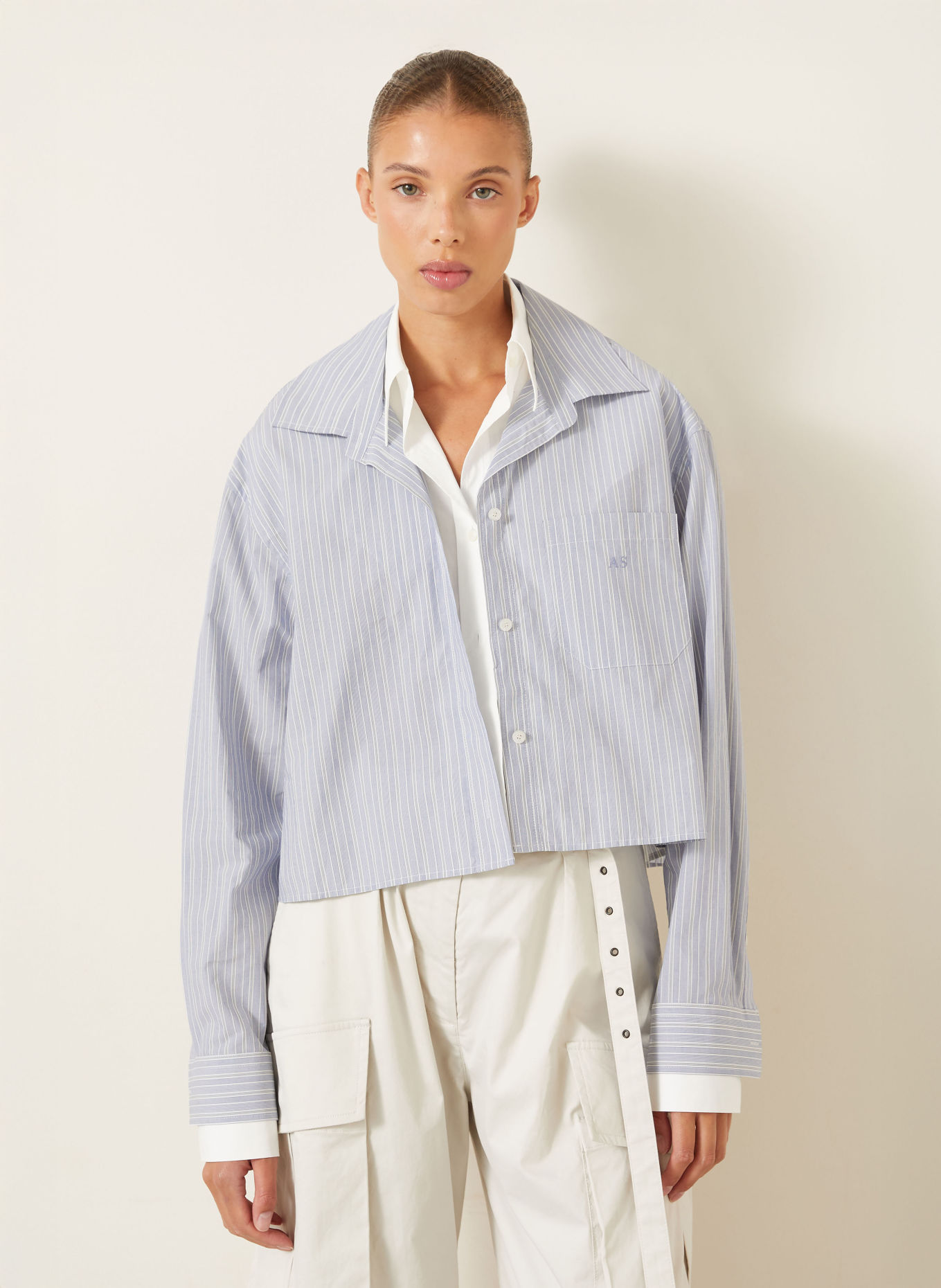 Acne Studios Overhemdblouse van gemengde stoffen: LICHTBLAUW / GRIJS / WIT
