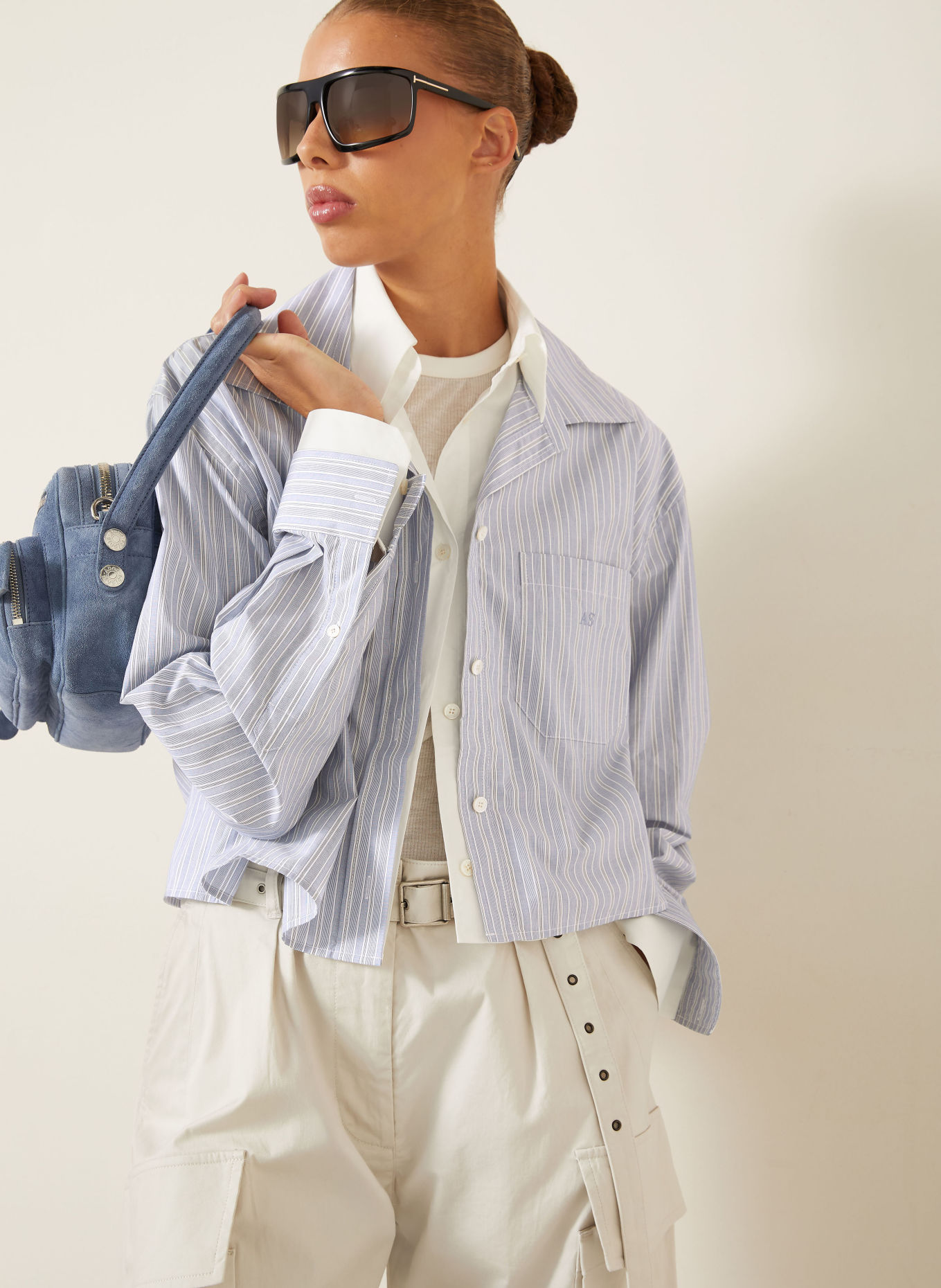Acne Studios Overhemdblouse van gemengde stoffen: LICHTBLAUW / GRIJS / WIT