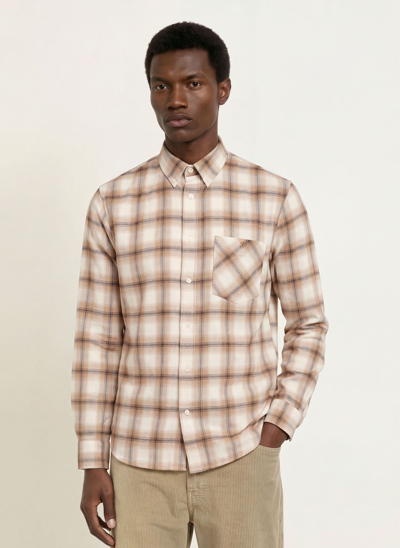 ARMEDANGELS Relaxed-Fit Flannel Shirt: WHITE / BEIGE / BLACK
