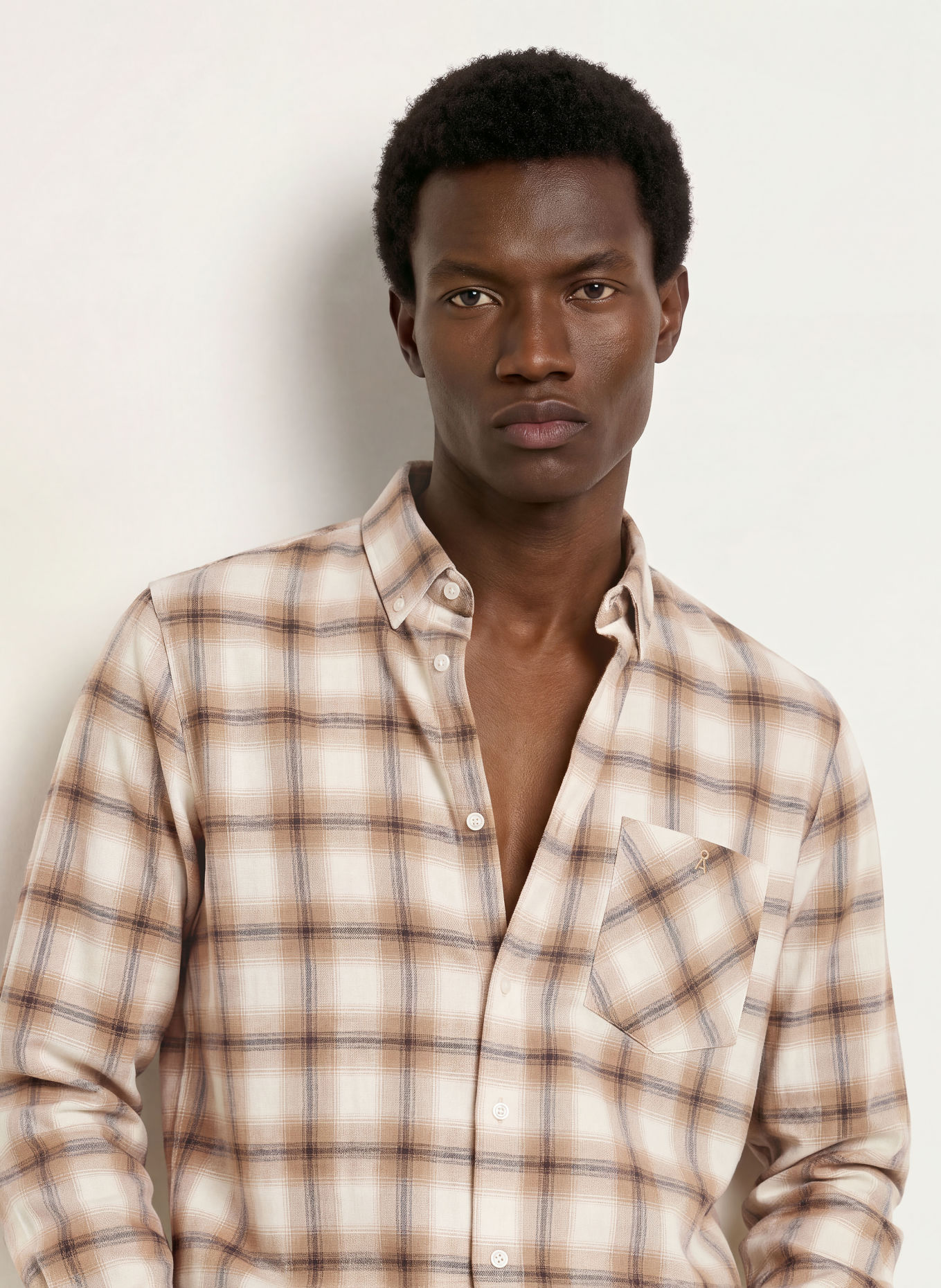 ARMEDANGELS Relaxed-Fit Flannel Shirt: WHITE / BEIGE / BLACK