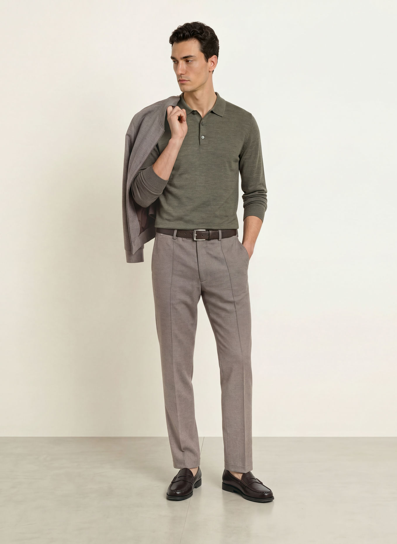 PROFUOMO Gebreid poloshirt van merinowol: KAKI