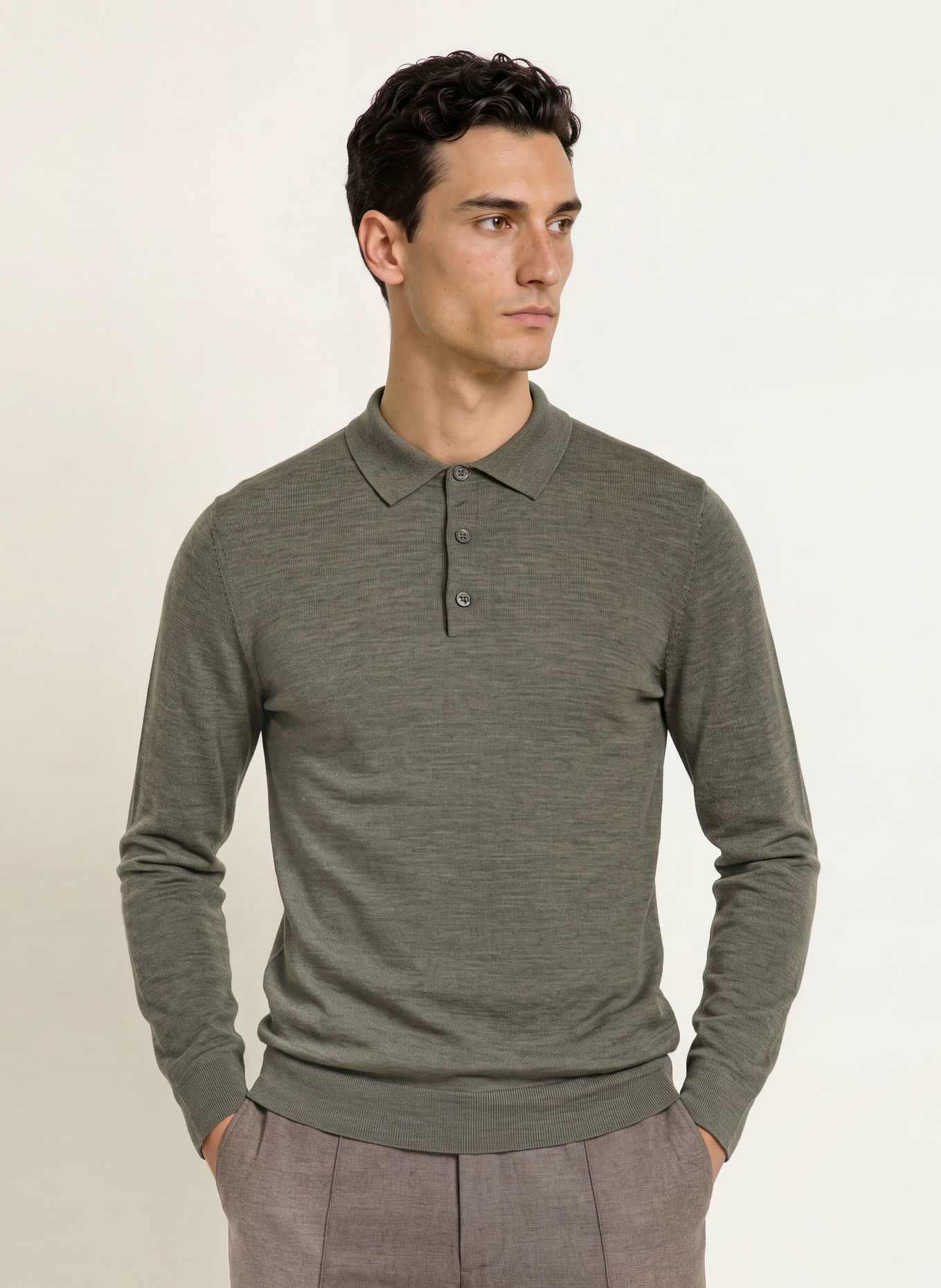 PROFUOMO Gebreid poloshirt van merinowol: KAKI