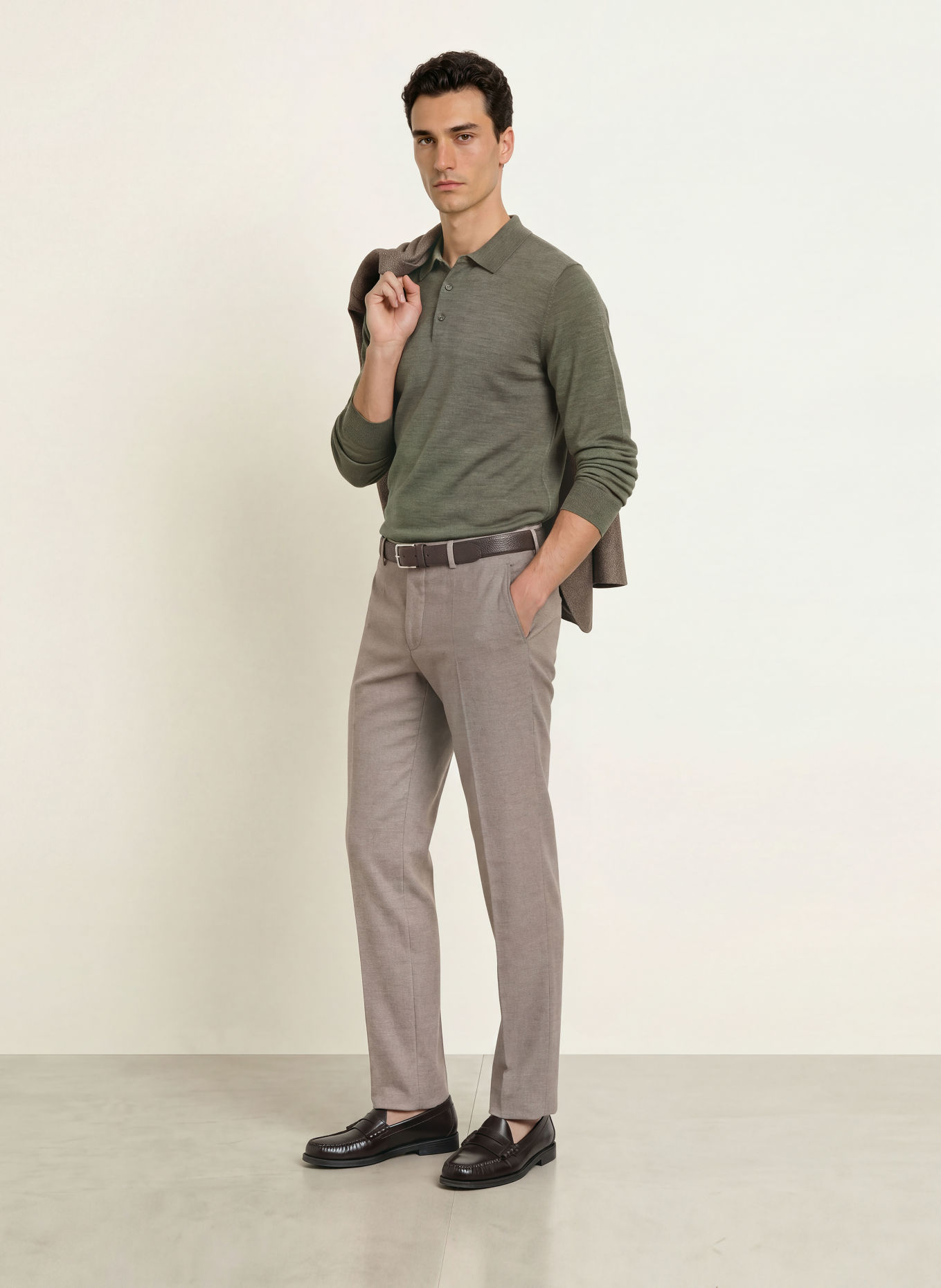 PROFUOMO Gebreid poloshirt van merinowol: KAKI
