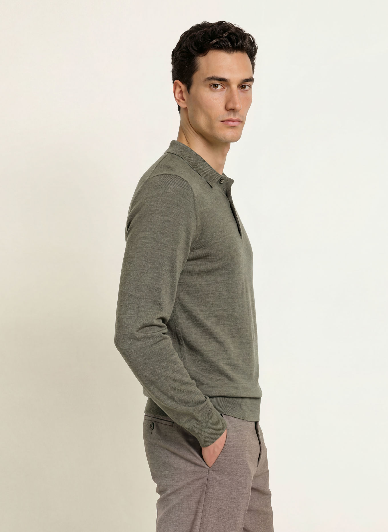 PROFUOMO Gebreid poloshirt van merinowol: KAKI