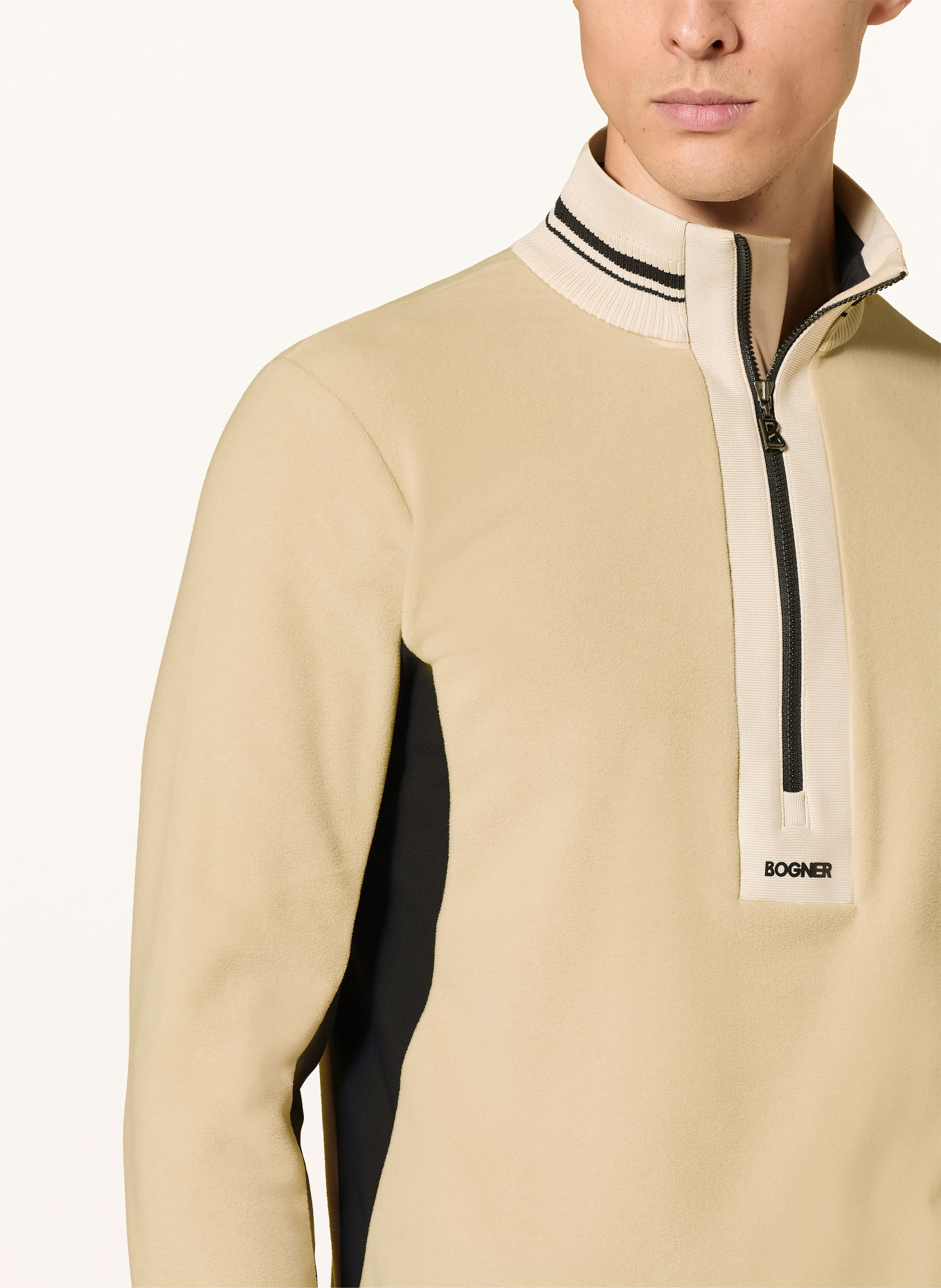 BOGNER Fleecetrui met halve rits HARVEY: BEIGE / ZWART