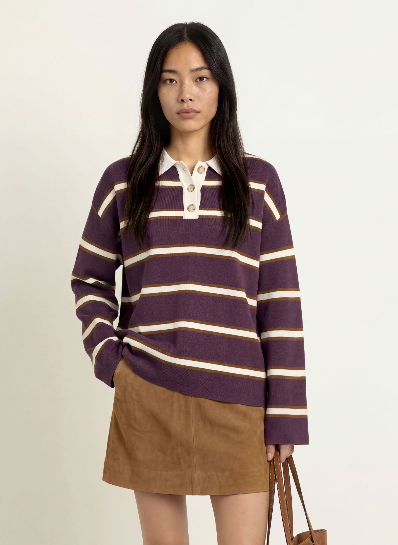 Y.A.S. Tricou polo din tricot: MOV ÎNCHIS / MARO / CREM