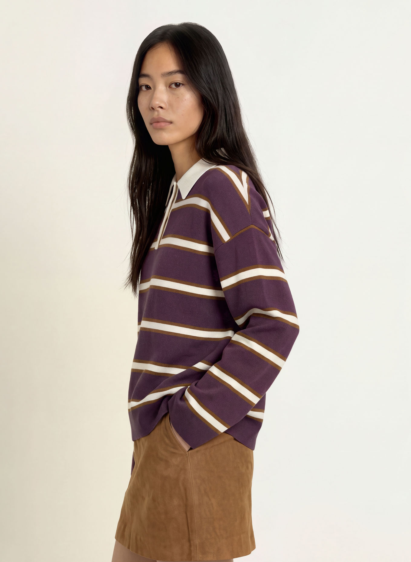 Y.A.S. Tricou polo din tricot: MOV ÎNCHIS / MARO / CREM