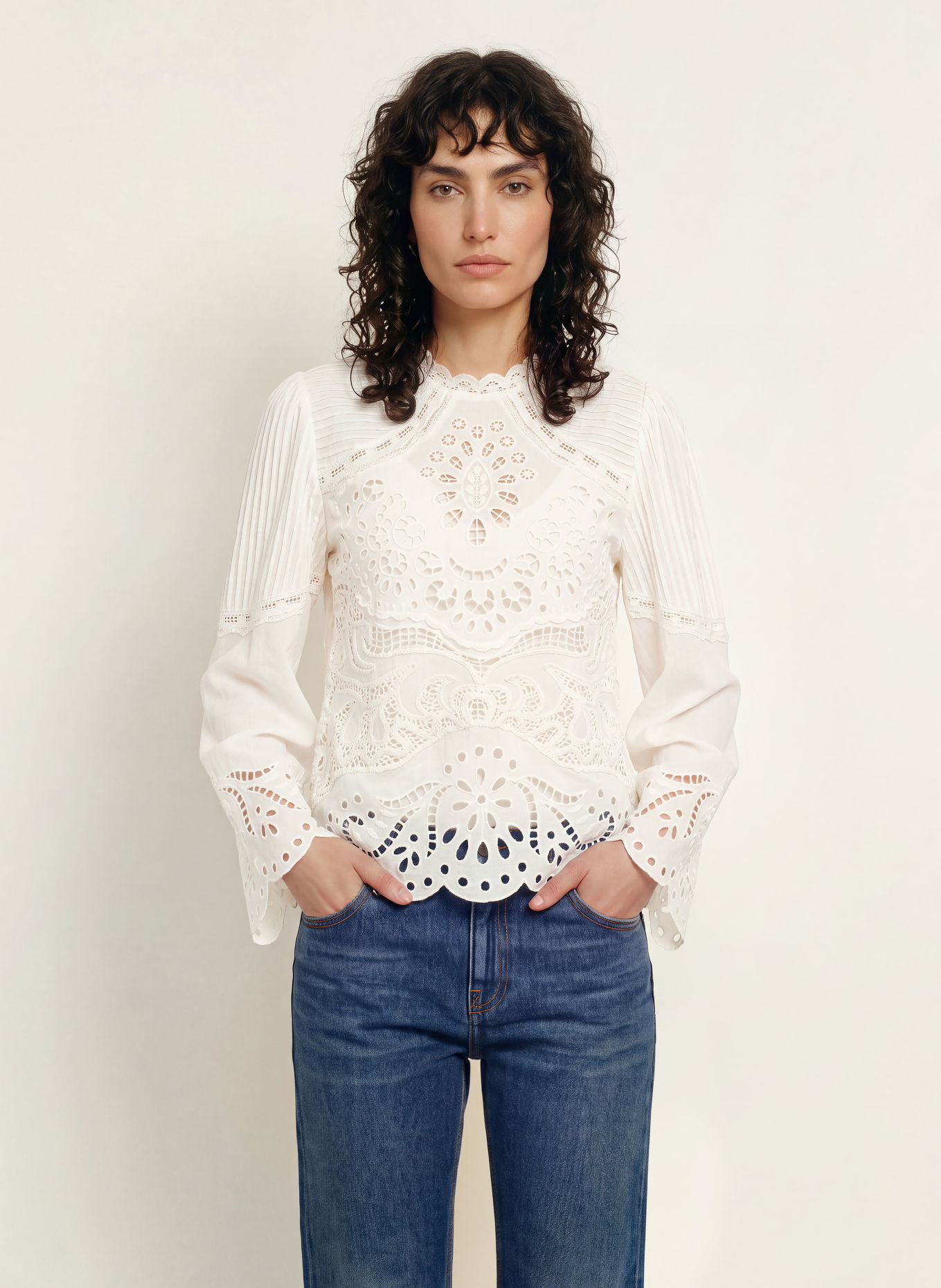 FARM RIO Blouseshirt met opengewerkte kant: WIT