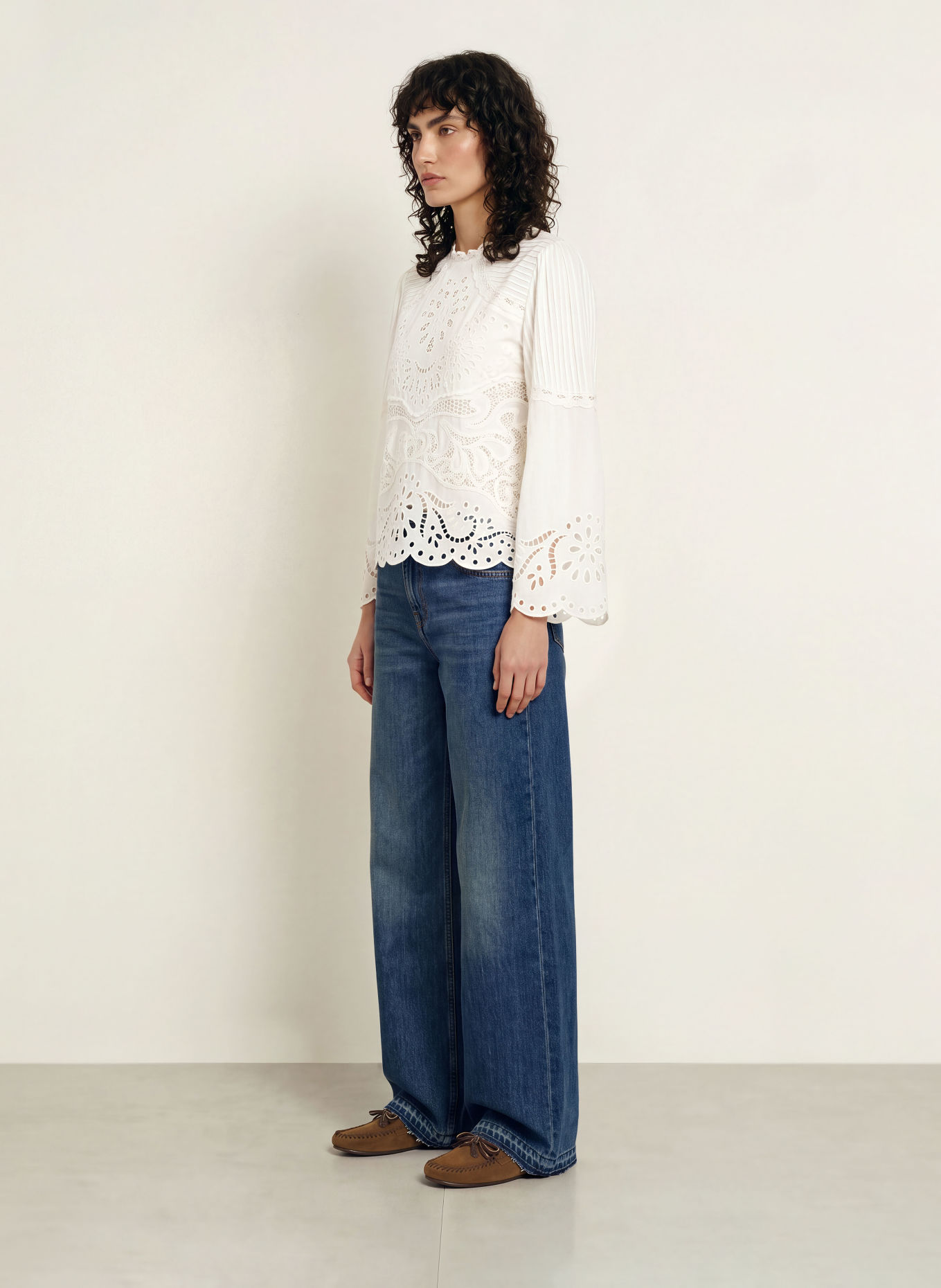FARM RIO Blouseshirt met opengewerkte kant: WIT