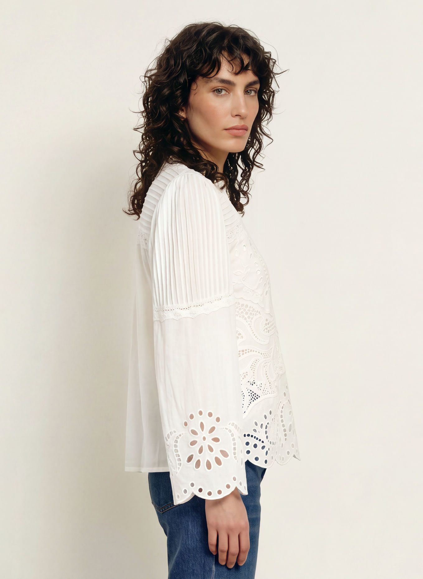 FARM RIO Blouseshirt met opengewerkte kant: WIT