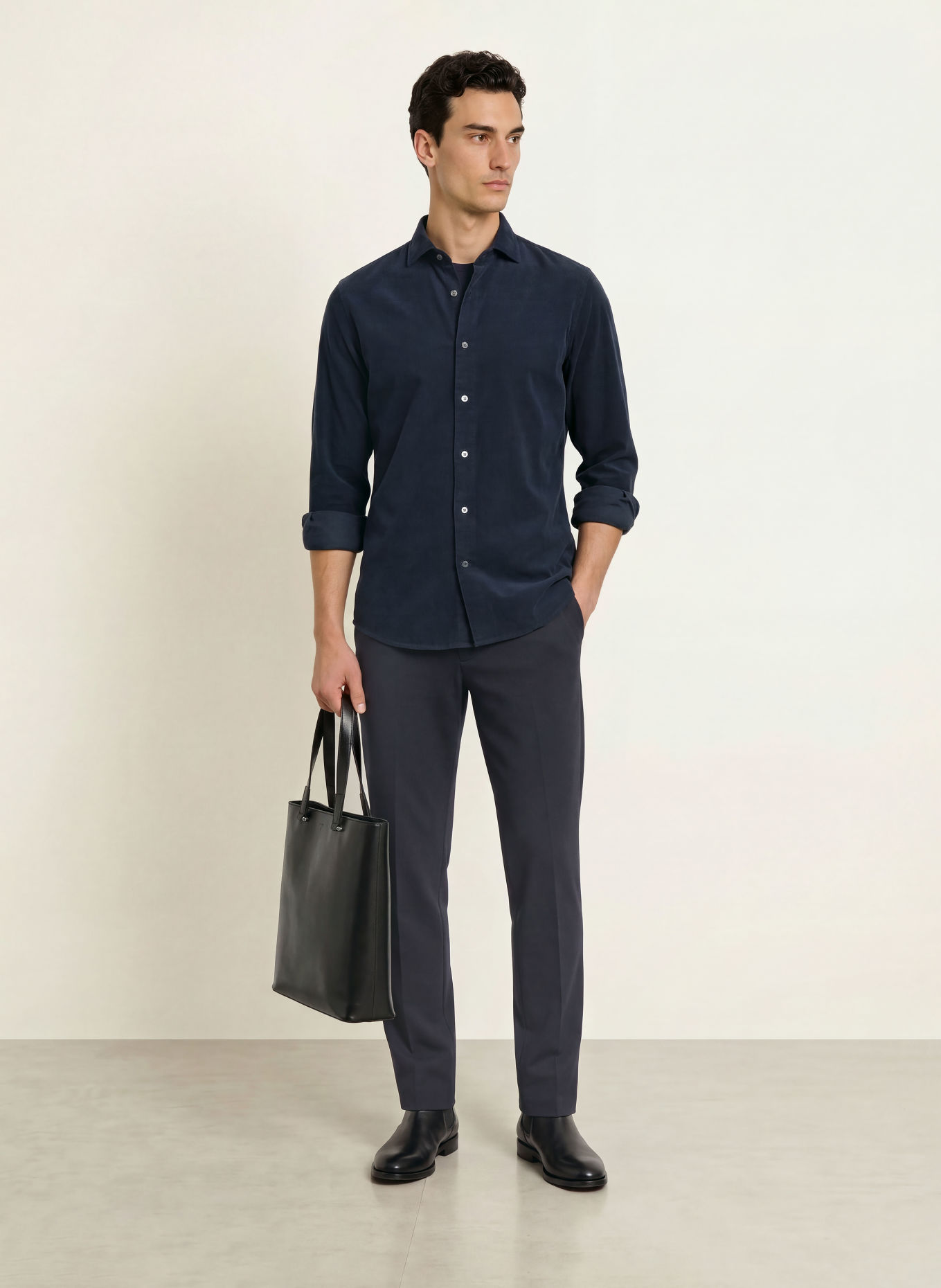 PROFUOMO Chemise en velours côtelé, coupe Comfort Fit: BLEU FONCÉ