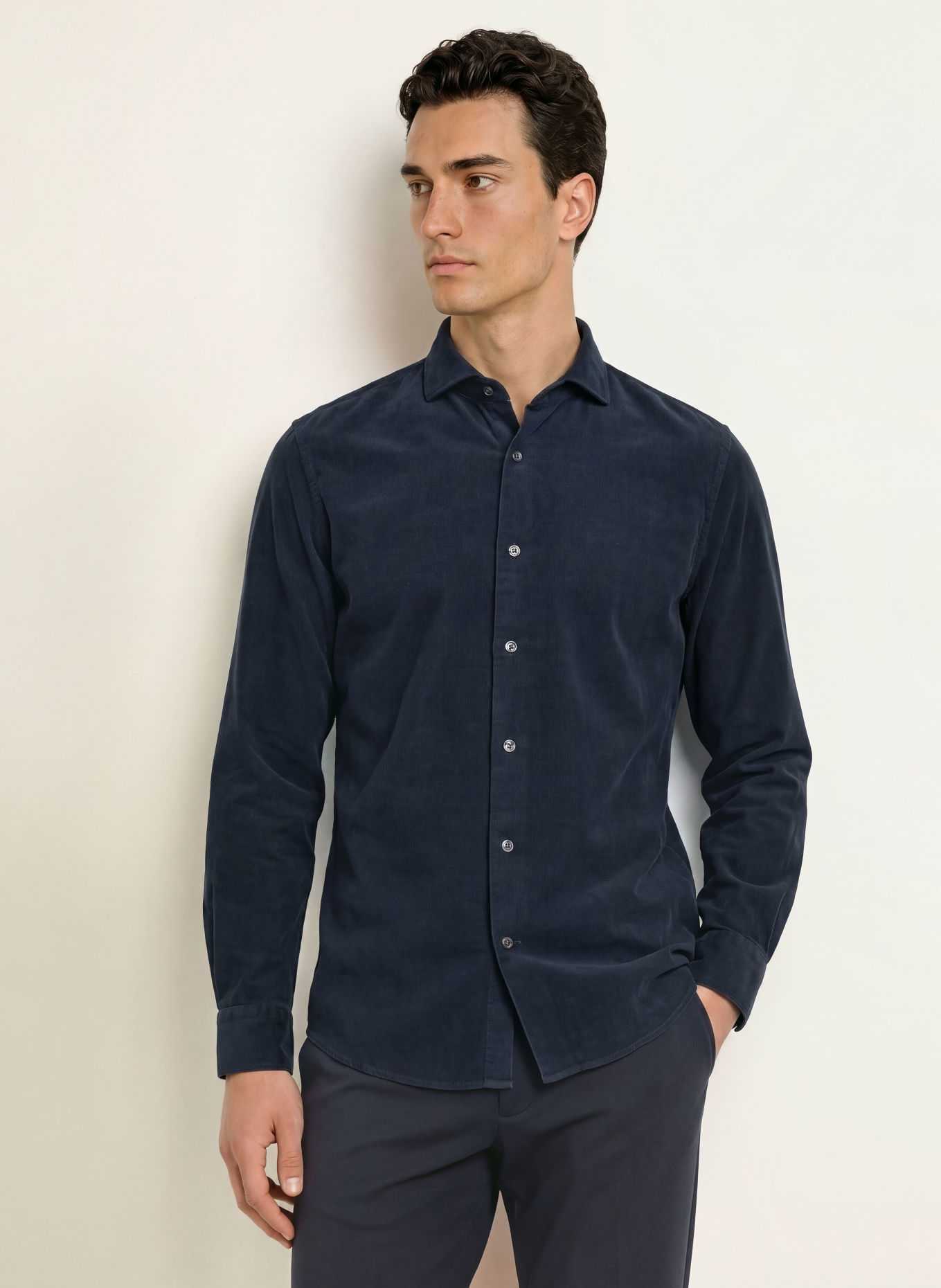PROFUOMO Chemise en velours côtelé, coupe Comfort Fit: BLEU FONCÉ