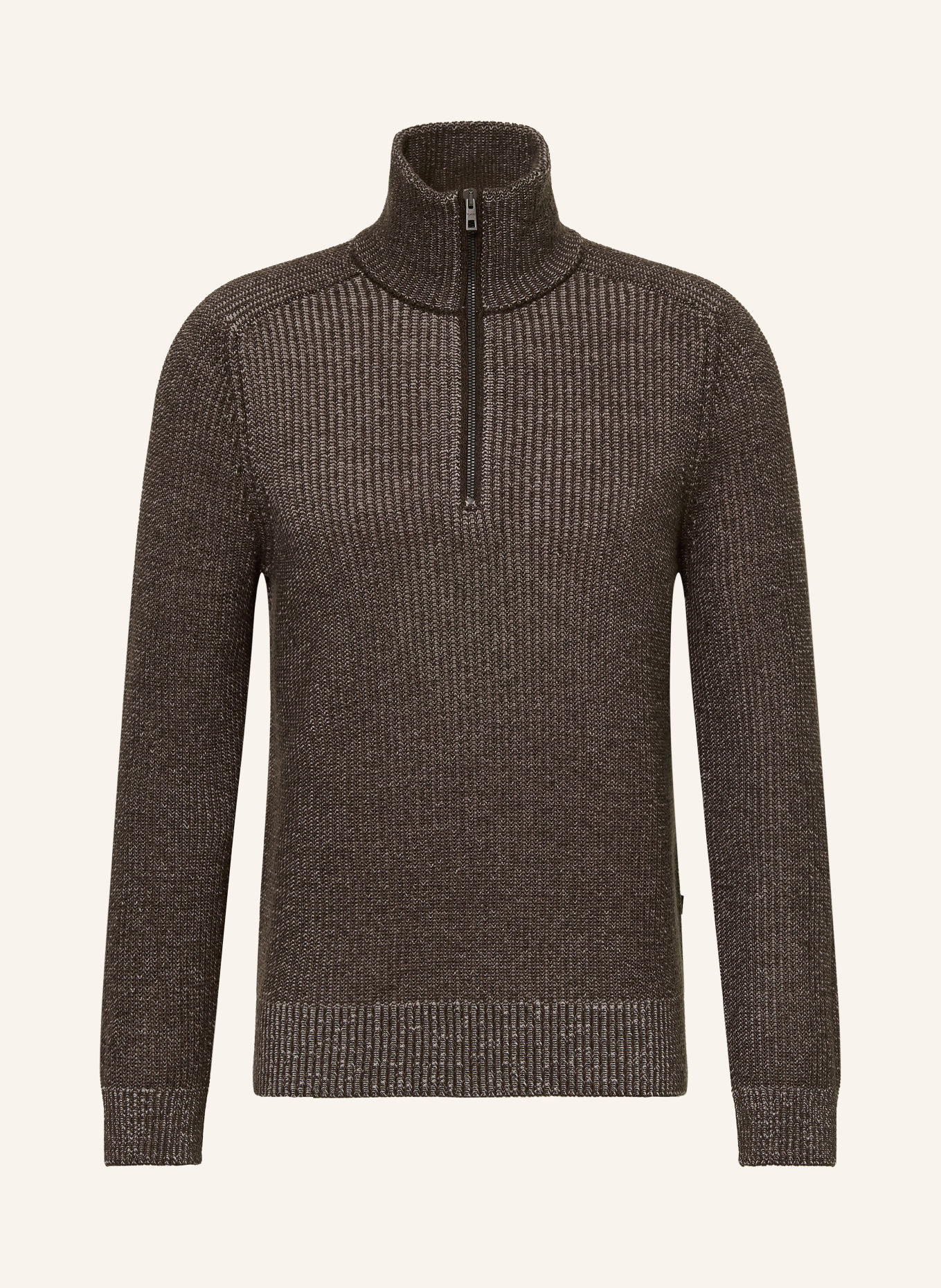 MAERZ MUENCHEN Pull col zippé en laine mérinos: MARRON FONCÉ / BLANC