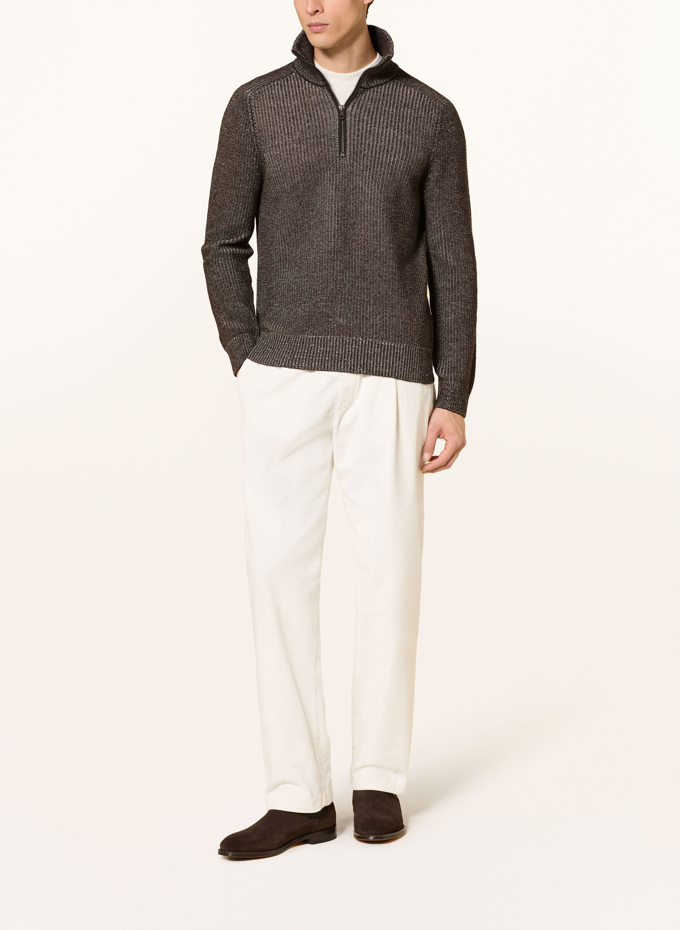 MAERZ MUENCHEN Pull col zippé en laine mérinos: MARRON FONCÉ / BLANC
