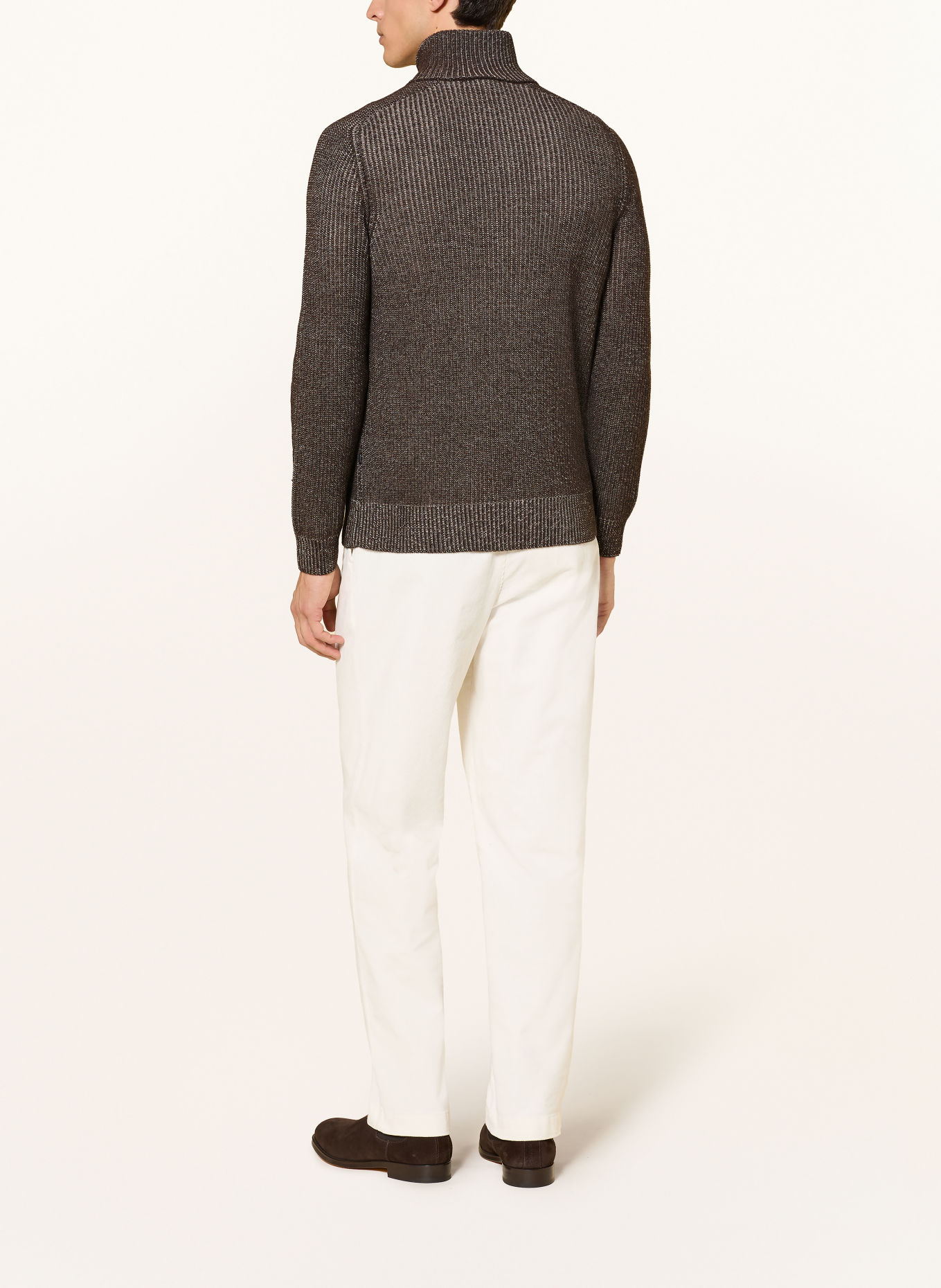 MAERZ MUENCHEN Pull col zippé en laine mérinos: MARRON FONCÉ / BLANC