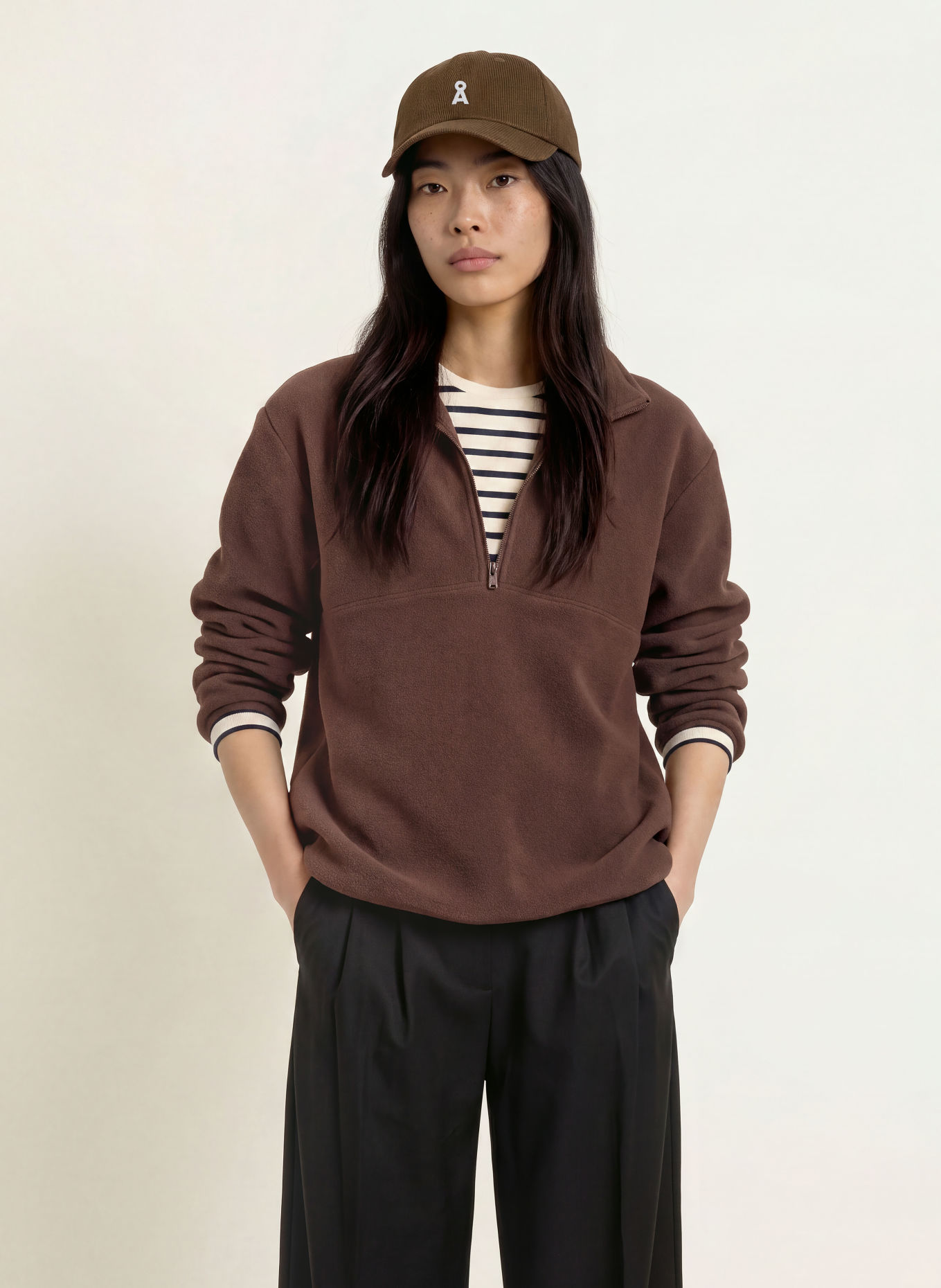 ARMEDANGELS HAARLEENAA Fleece Half-zip Sweater: DARK BROWN
