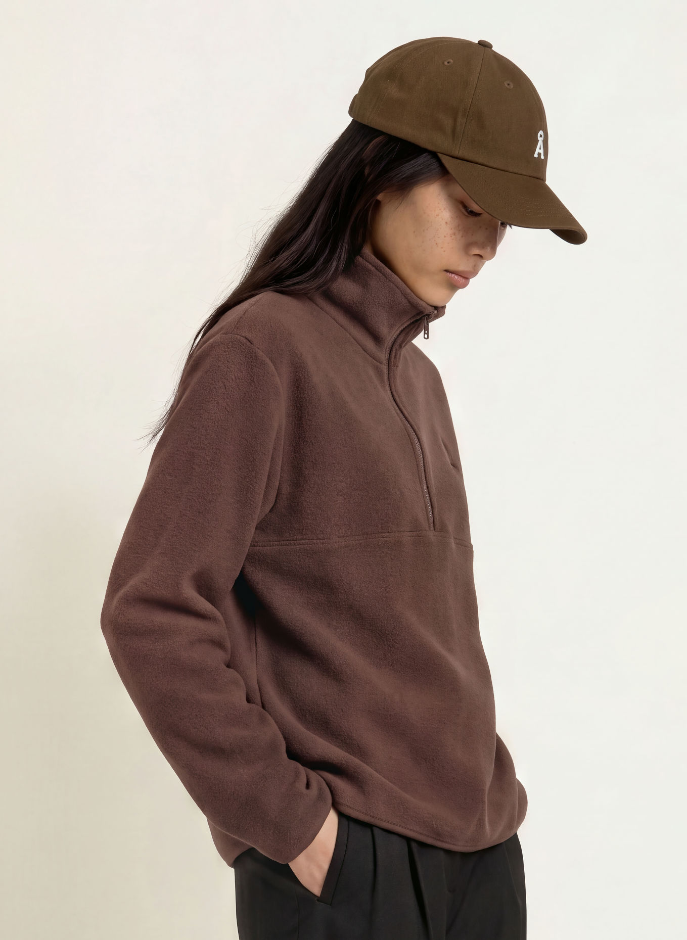 ARMEDANGELS HAARLEENAA Fleece Half-zip Sweater: DARK BROWN